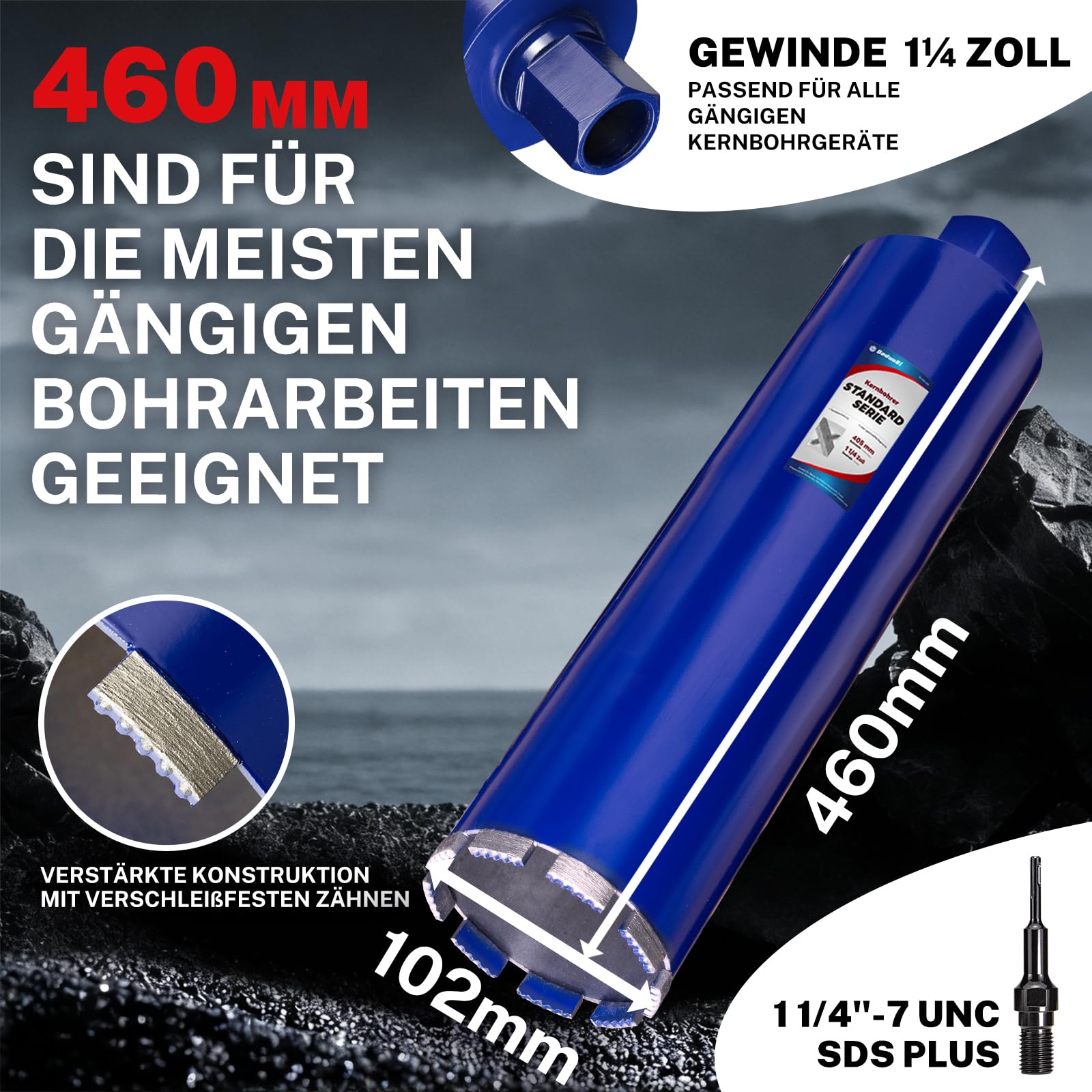 Wiertło rdzeniowe 102 mm z SDS Plus (1-1/4 cala) – głębokość cięcia 410 mm – wiercenie na mokro diamentowa koronka wiertnicza do betonu zbrojonego, muru, kamienia, cegły (łącznie 460 mm)