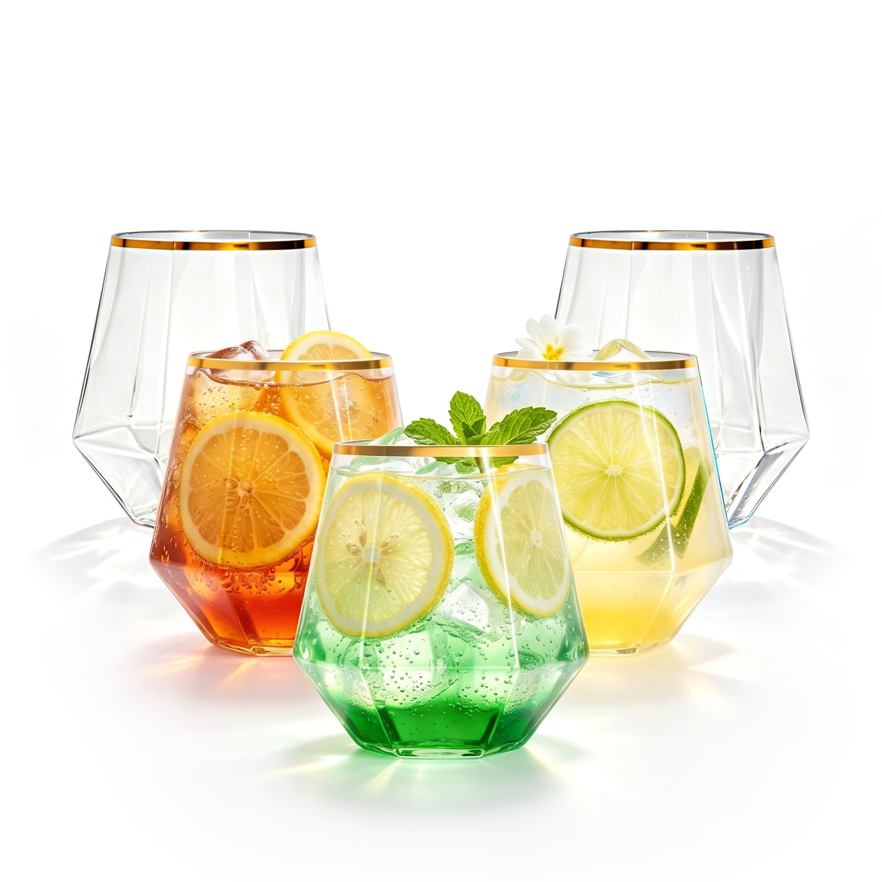 Lullaby 40PCS 12Oz Stemless Plastic Wine Glasses Gold Rim, Diamond Design