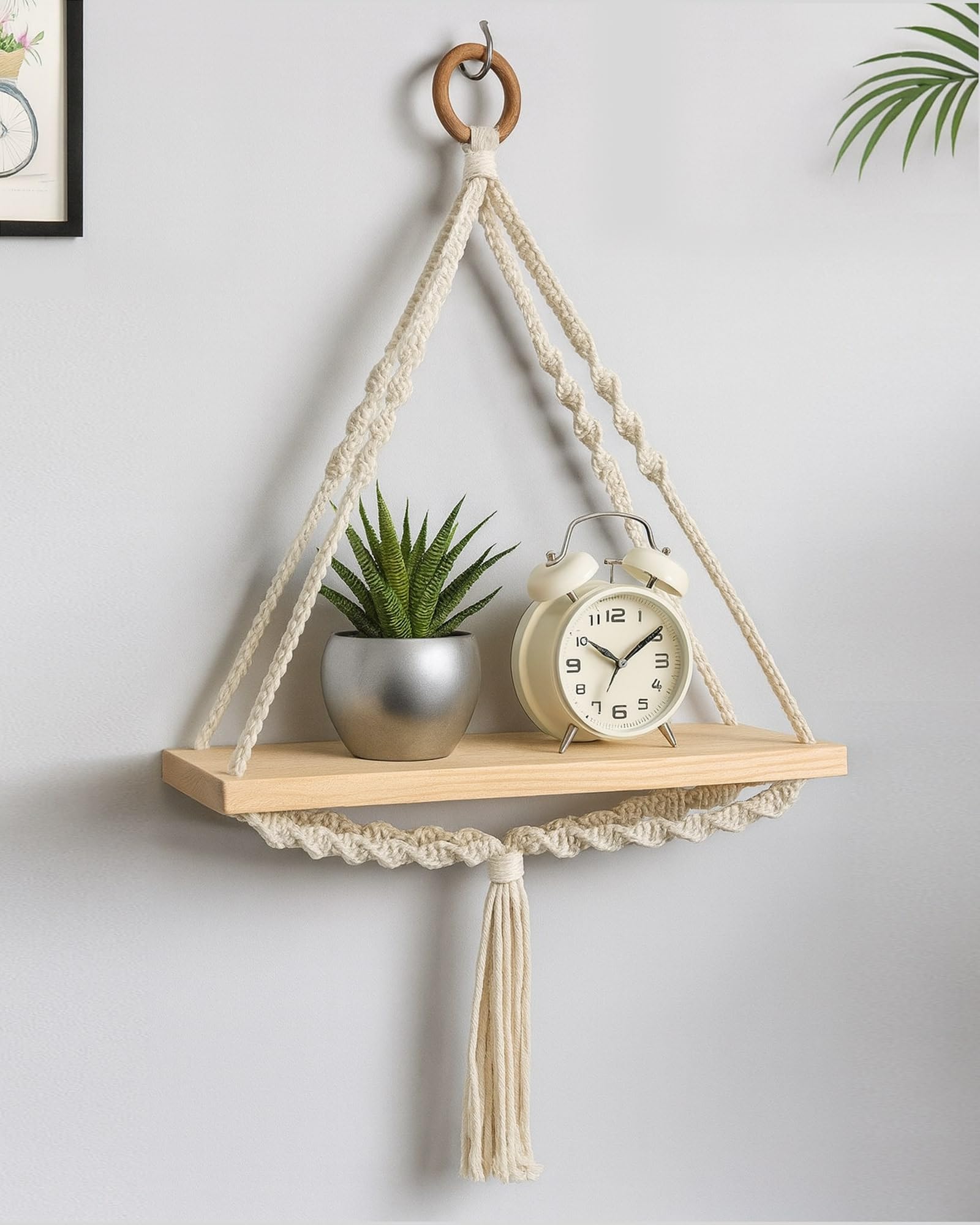 Macrame Wall Hanging Shelf Woven Home Decor Wood Floating Storage Shelf Bohemian Handmade Cotton Rope,Living Room, Balcony, Garden, (71 L x 40 W), Beige