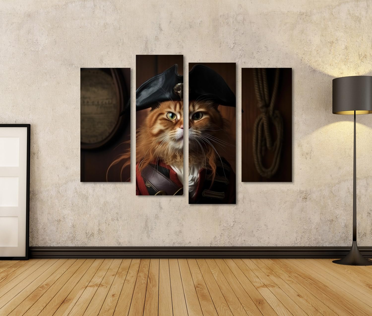 islandburner Prime - Quadro su tela con gatto che indossa vestiti da pirata, ritratto divertente e serio animale domestico, vintage, poster da parete
