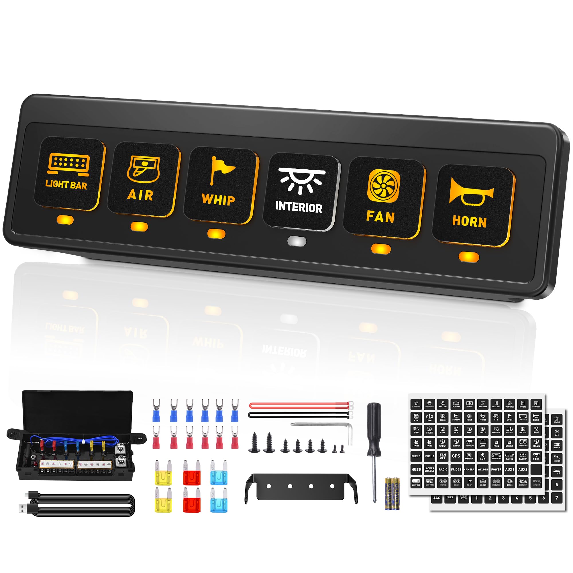 Wireless 6 Gang Switch Panel, Multifunctional Waterproof 12V Switch Panel, 80A Universal Relay Switch Box with 2 Light Memory Function & 6 Control