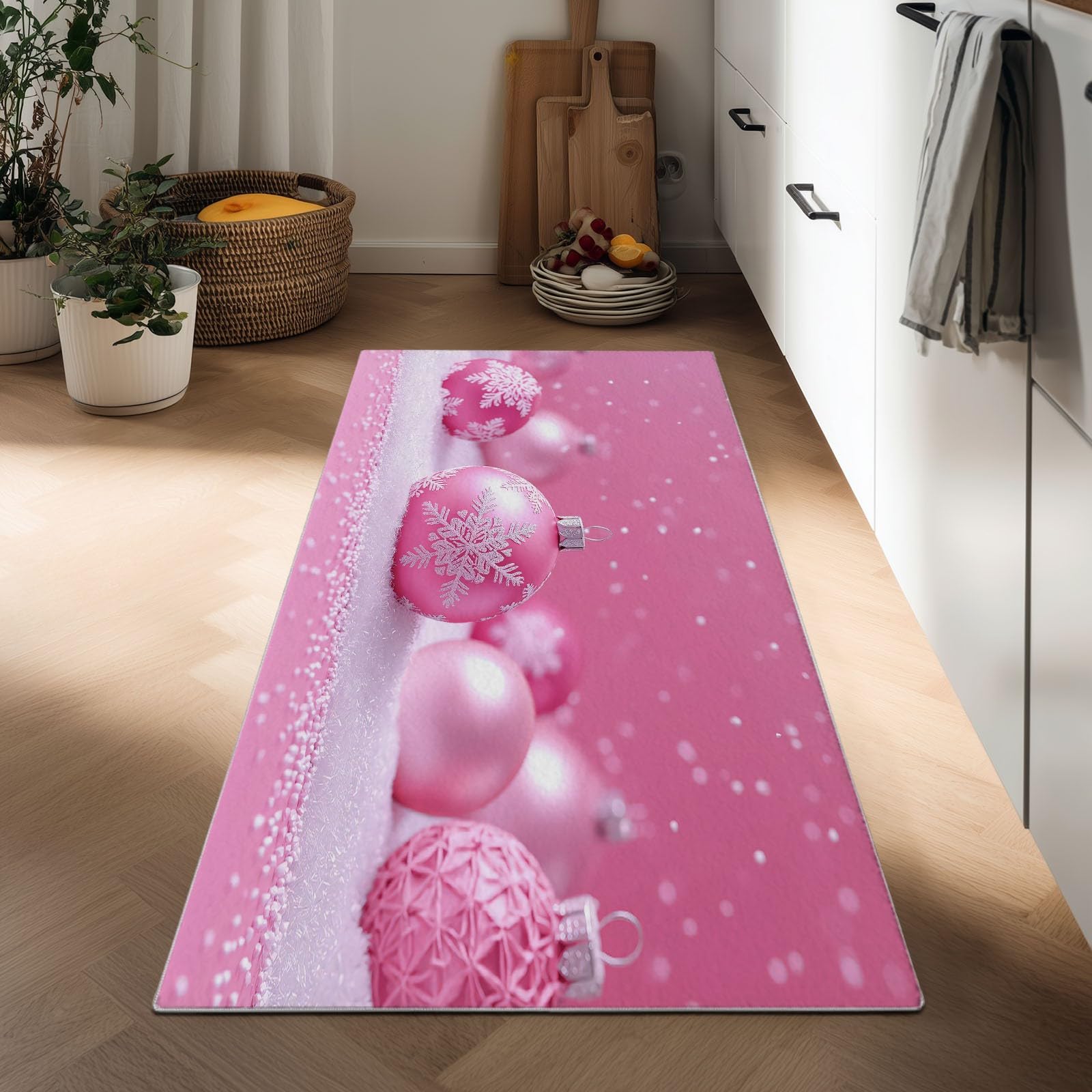 Generico Tappeto da Corridoio Antiscivolo 60 x 180 cm, Tappeto Passatoia Tema Natalizio Pelo Corto Palline Di Natale Rosa Fiocchi Di Neve per Corridoio Ufficio Entrata Casa Cucina da Ingresso