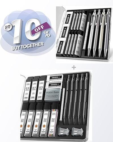 Four Candies Juego de portaminas de 0.028 in + juego de lápices mecánicos, color negro