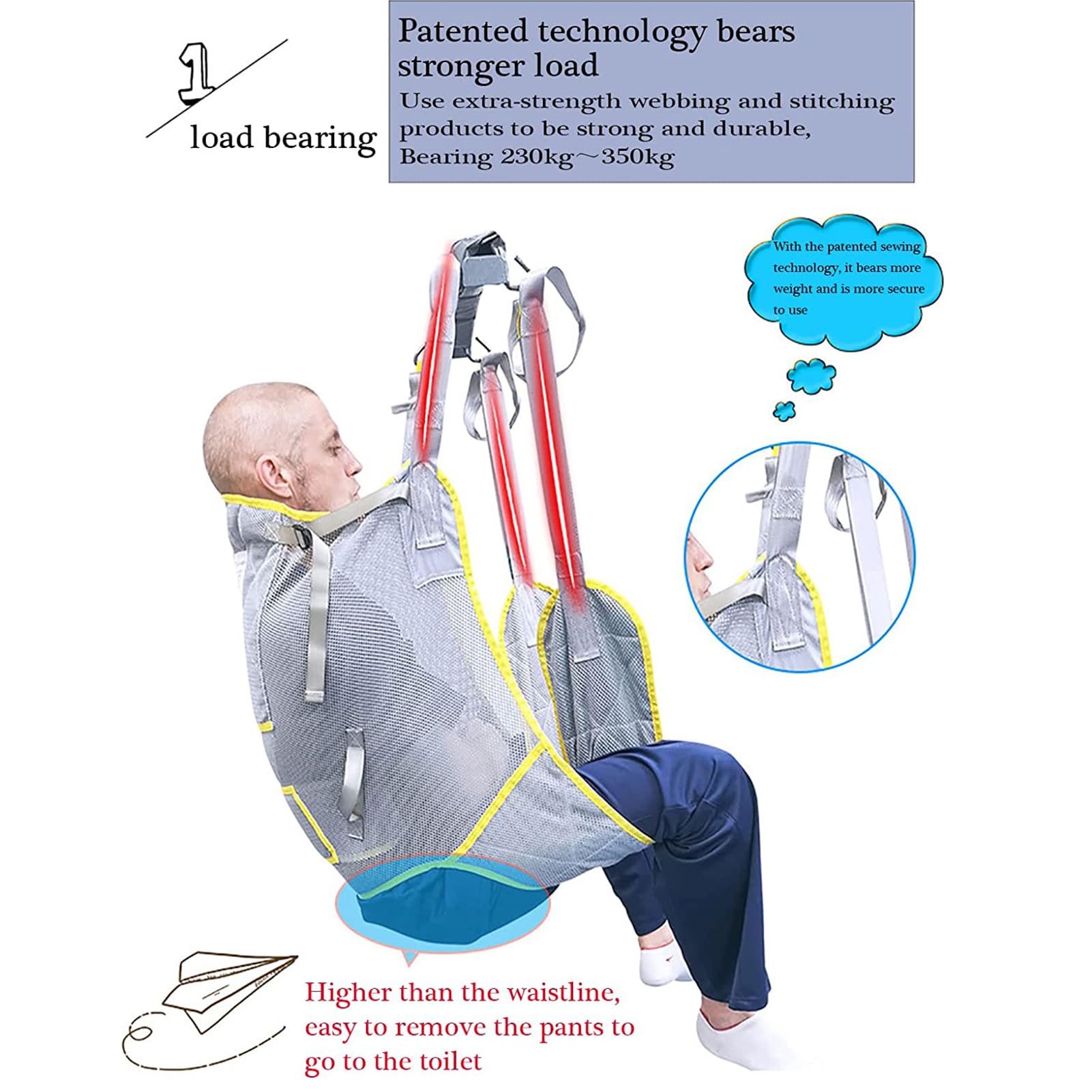 Imbracatura per Gambe Divise,Ascensore di Trasferimento Supporto per la Testa dell'imbracatura Sollevatore per Pazienti a Corpo Intero per Anziani,Sollevatore Paziente Imbracatura Toilette(L)