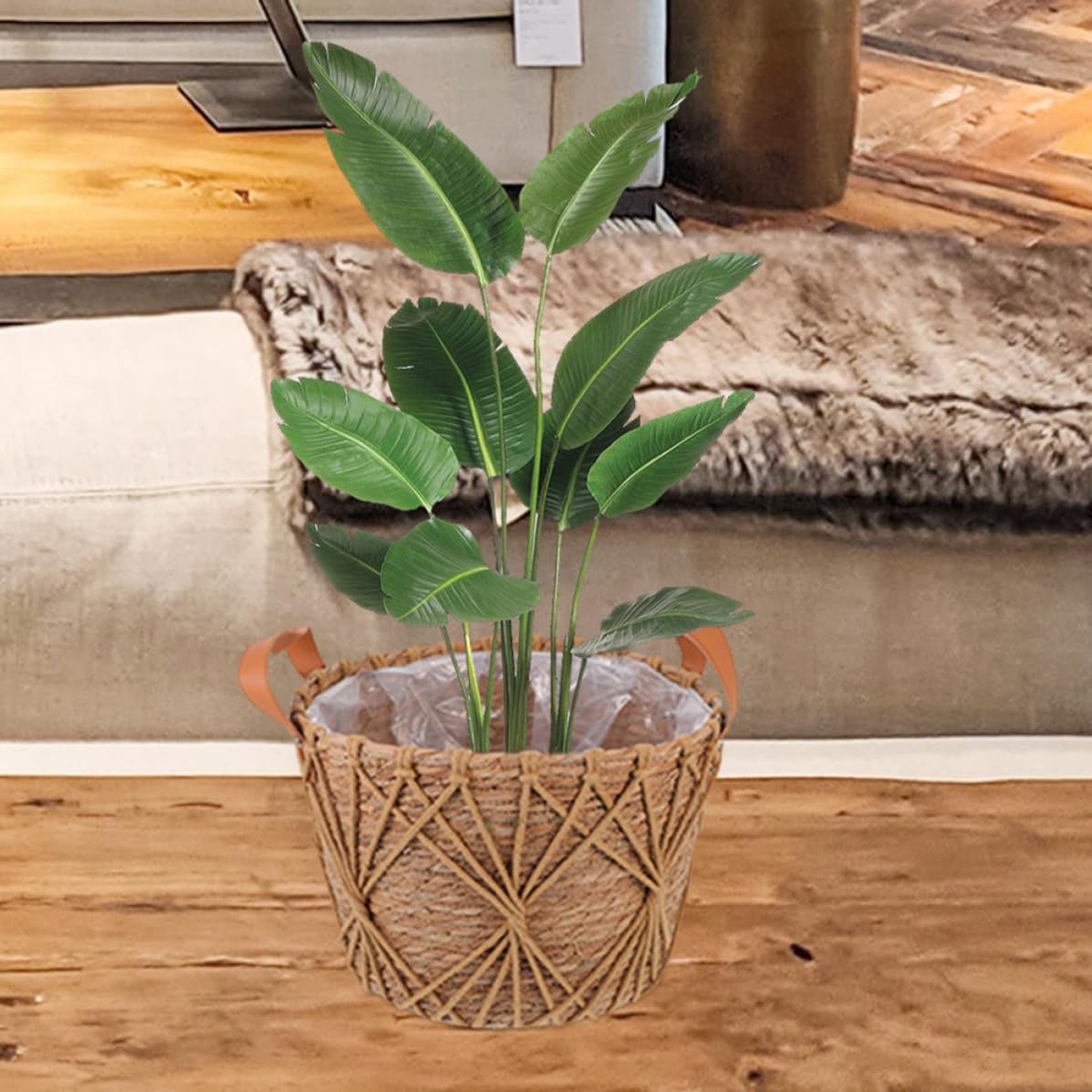 DOITOOL Korb mit Henkel für Blumen und Sukkulenten Aufbewahrungskorb Großer Handgefertigter Geflochtener aus Stroh Robust und Vielseitig für Büro und Zuhause
