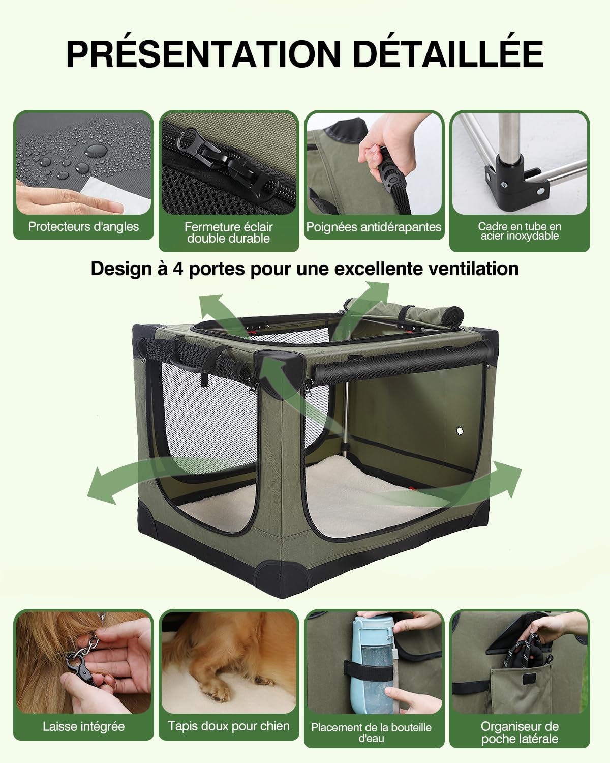derimkcoa Caisse de Transport Pliable pour Chiens, Cage pour Chien avec Tapis épais, Caisse de Transport pour Chien Manchon en Tissu réglable, Portes en Maille Respirante,106 * 78 * 78cm,Vert