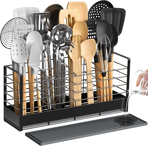 Soporte grande para utensilios con base de tierra de diatomeas, para encimera de cocina, organizador de utensilios de cocina, 4 compartimentos