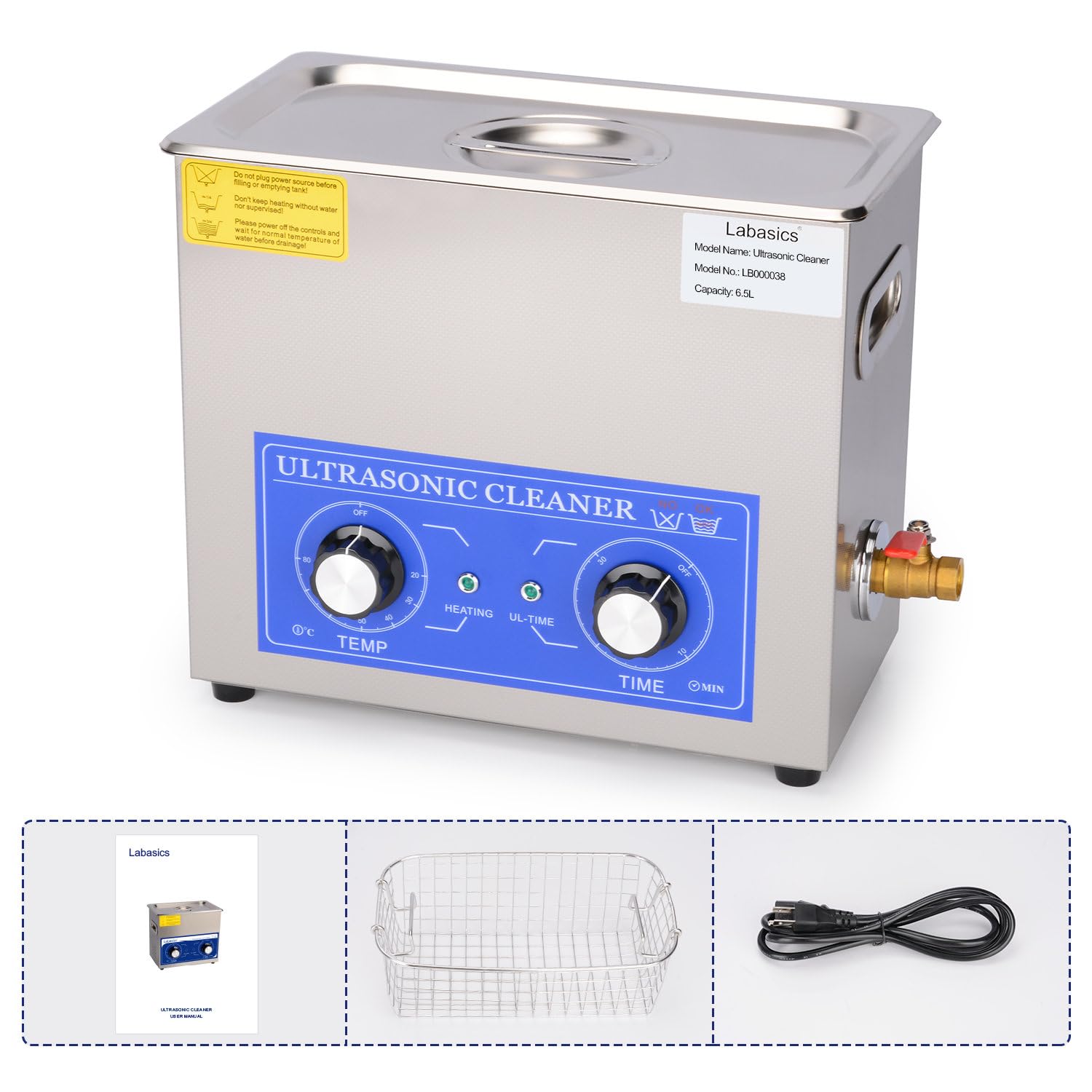 Labasics Myjka ultradźwiękowa 6,5 L ze stali nierdzewnej 304, profesjonalny cyfrowy oczyszczacz do laboratorium, z ogrzewaniem i timerem, panel mechaniczny, 40 kHz, 220V, do czyszczenia narzędzi i