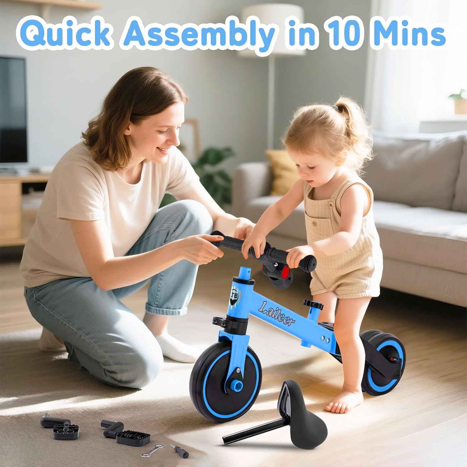 3 in 1 Toddler Tricycle for 2 to 5 Year Old Kids, Kids Balance Bike with Adjustable Seat, Toddler Bike for Boys and Girls with Detachable Pedals, Reinforced Frame (Blue)