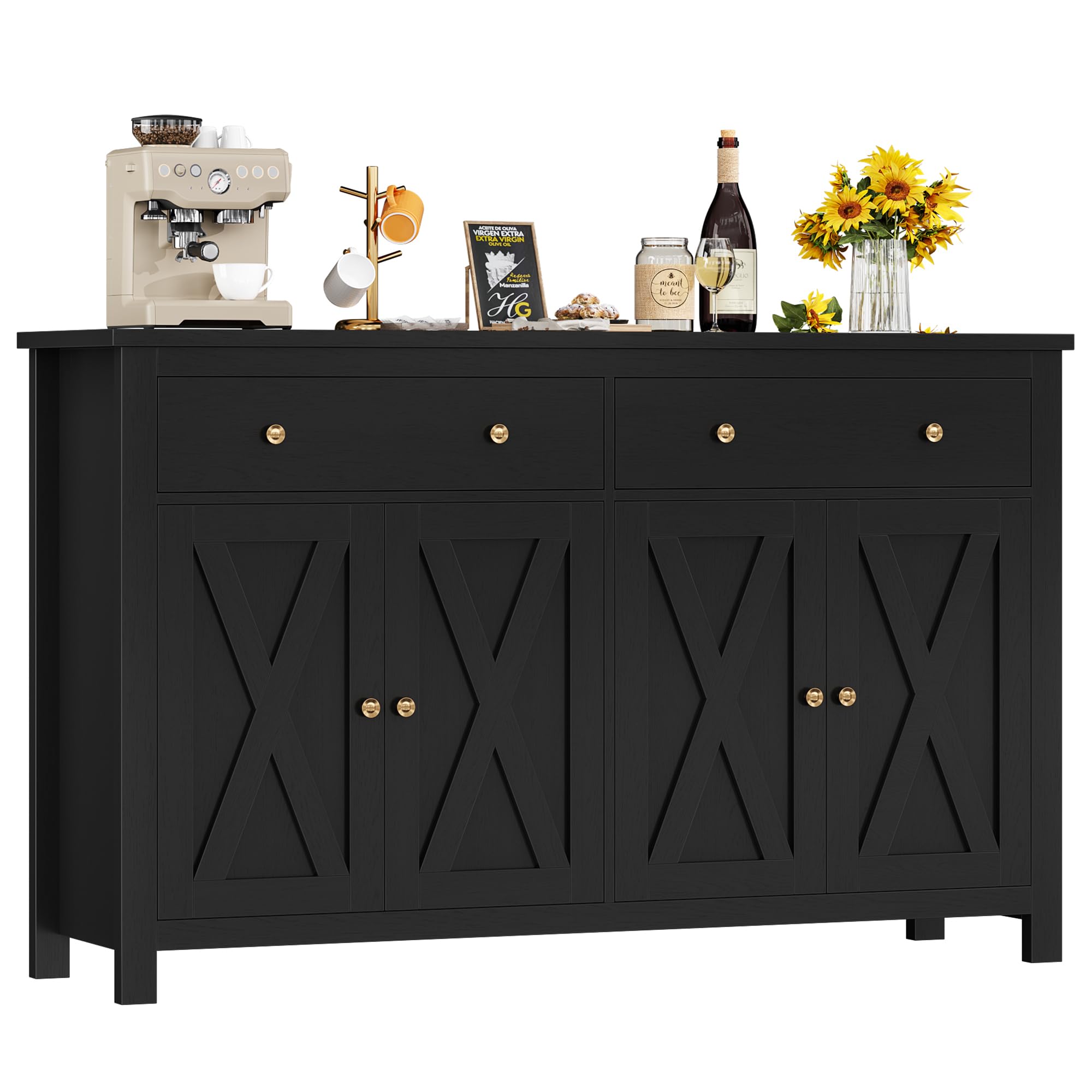Credenza Cucina Con Vetrina FirFurd - 4 Ante In Vetro, 2 Cassetti, 140x40x90.7cm, Nero