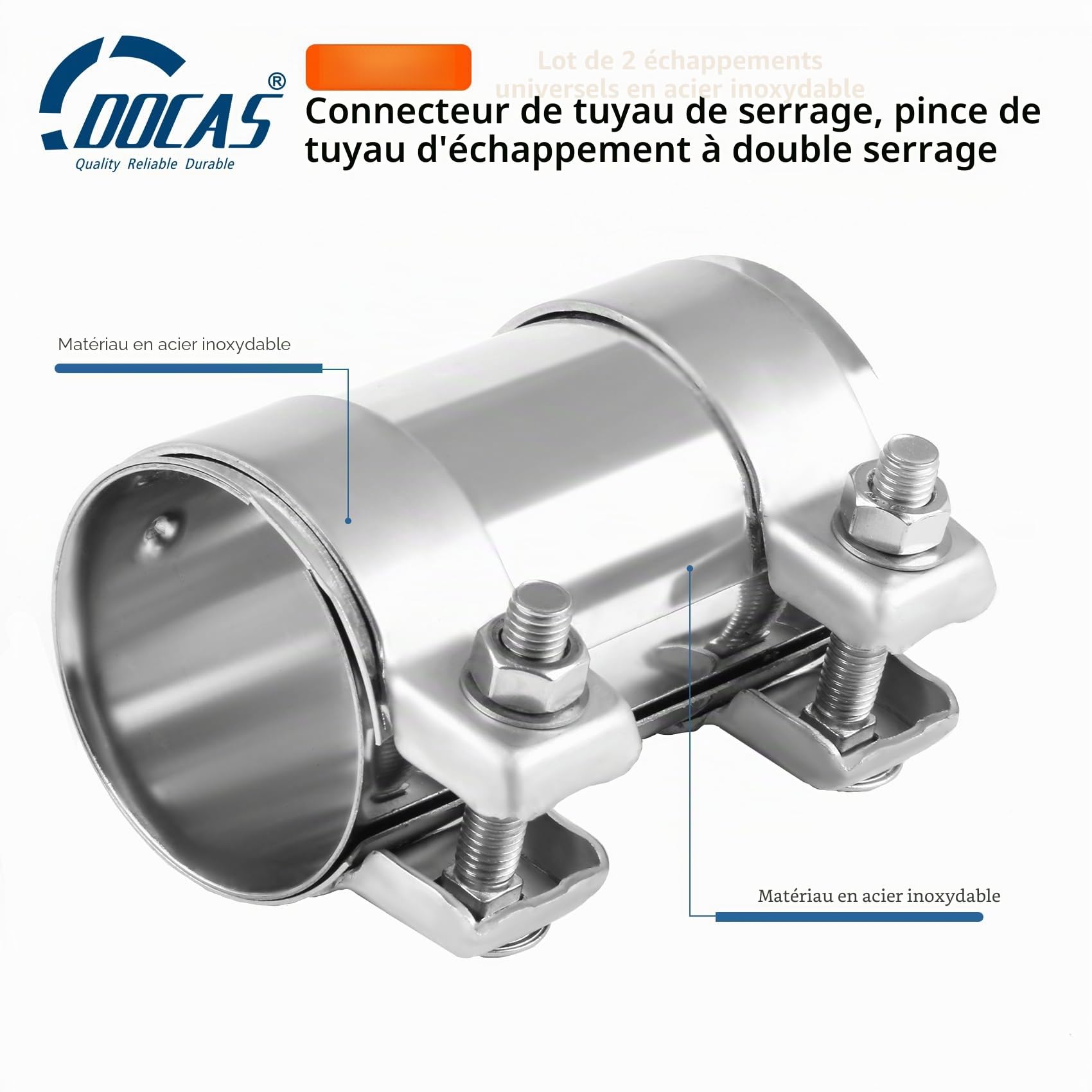 DOCAS Ø 64 mm x 95 mm longueur Collier inoxydable d'échappement de Universal,Collier de Serrage Double pour Raccords de Pot D'échappement(2 pièces)