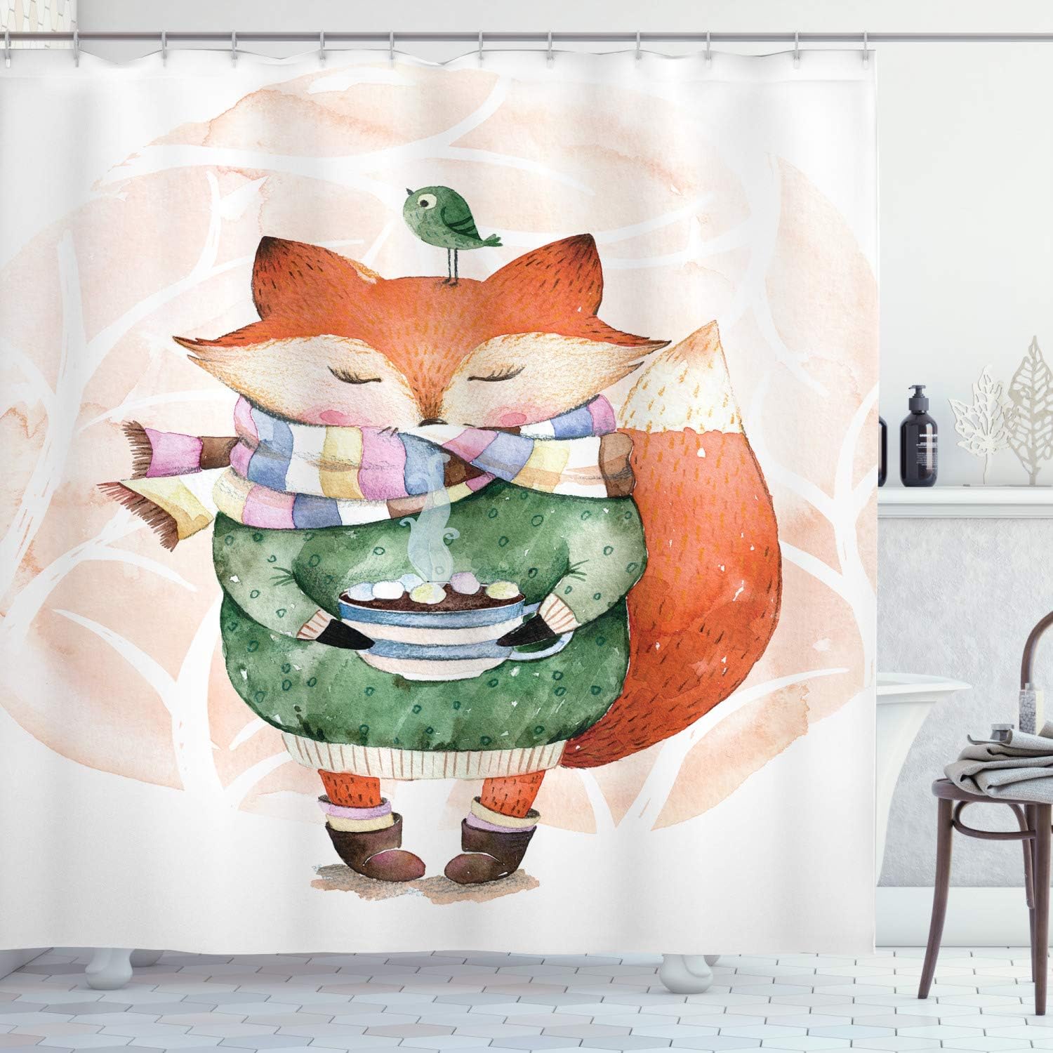 Ambesonne Animal Shower Curtain, Little Fox and Bird on His Head Tea Time Friends Theme, Cloth Fabric Bathroom Decor Set with Hooks, 69" W x 70" L, Orange Green