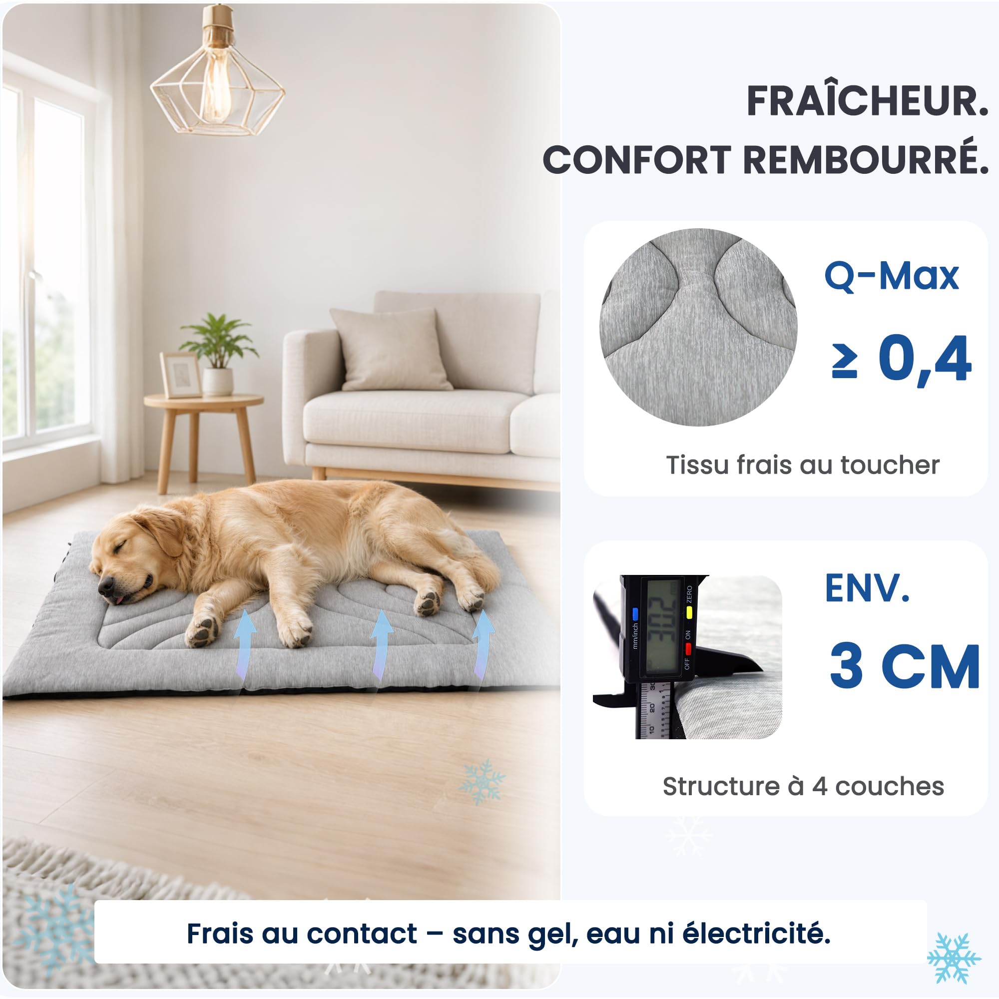 Tapis Rafraîchissant Chien sans Gel, Q-Max ≥ 0,4, 90×65/120×75 cm | Surface PE Q-Max ≥ 0,4, rembourrage env. 3 cm, base antidérapante et lavable pour la maison, la voiture et la cage
