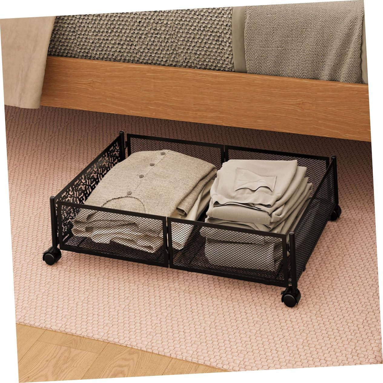 PRETYZOOM Stainless Steel under Bed Storage Rack Organizer for Clothes Shoes and Blankets Space-saving Container Wheels Mesh Design for Easy Identification