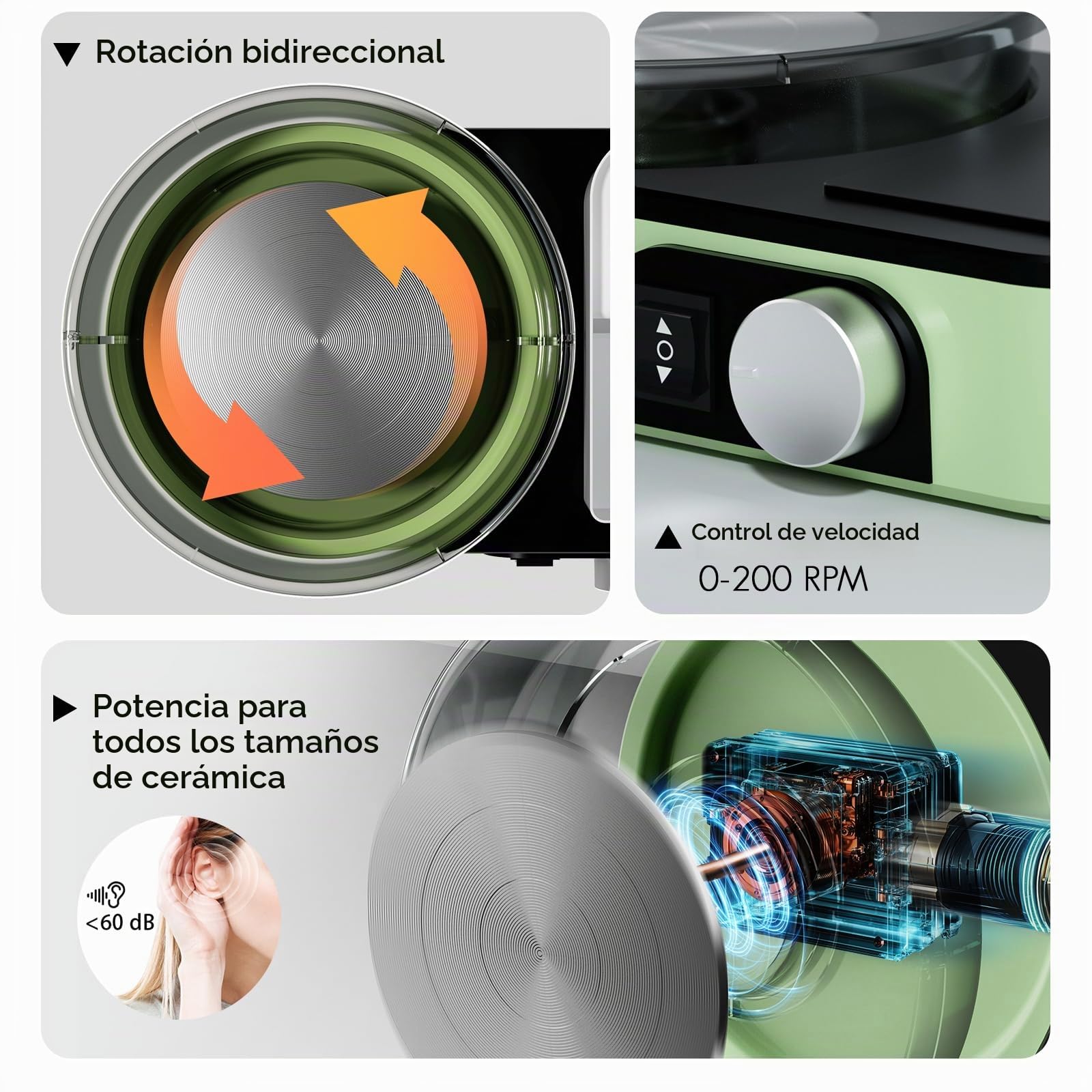 Torno Ceramica Eléctrico para Principiantes y Profesionales – Kit de Ceramica Completo para Casa con 1kg de Arcilla, 0-200 RPM Máquina de Alfarería para Proyectos DIY, Verde claro
