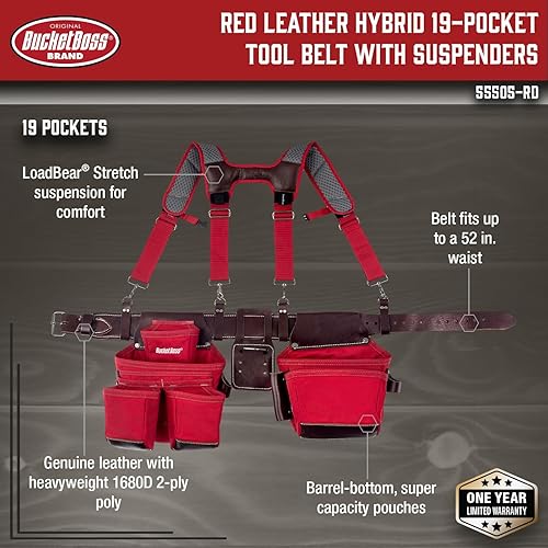 Miniatura 2 de Bucket Boss Cinturón de herramientas Hyrbid de cuero con tirantes en rojo, 55505-RD