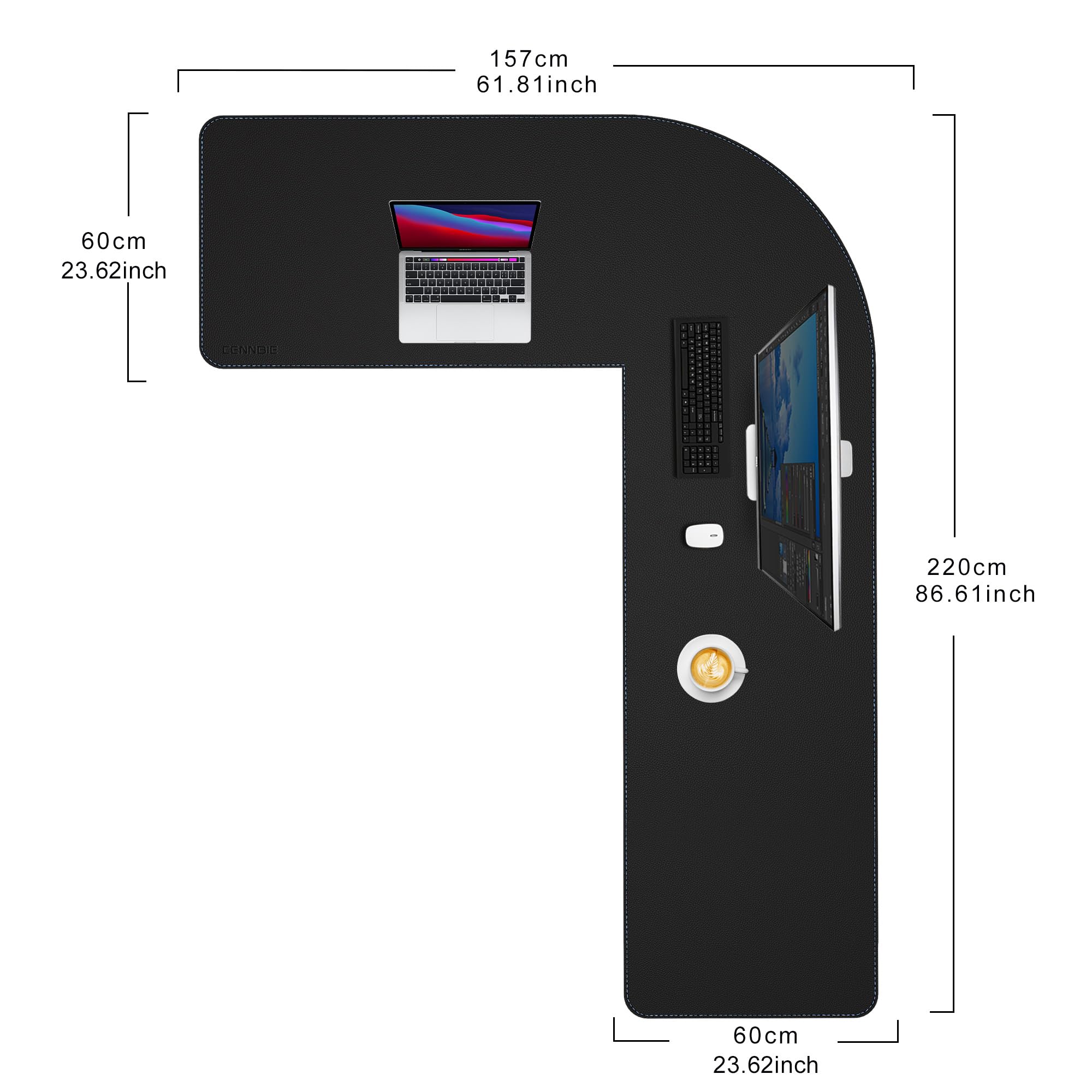 CENNBIE Sottomano doppio a forma di L, in pelle, (157 + 220) x 60 cm, colore nero