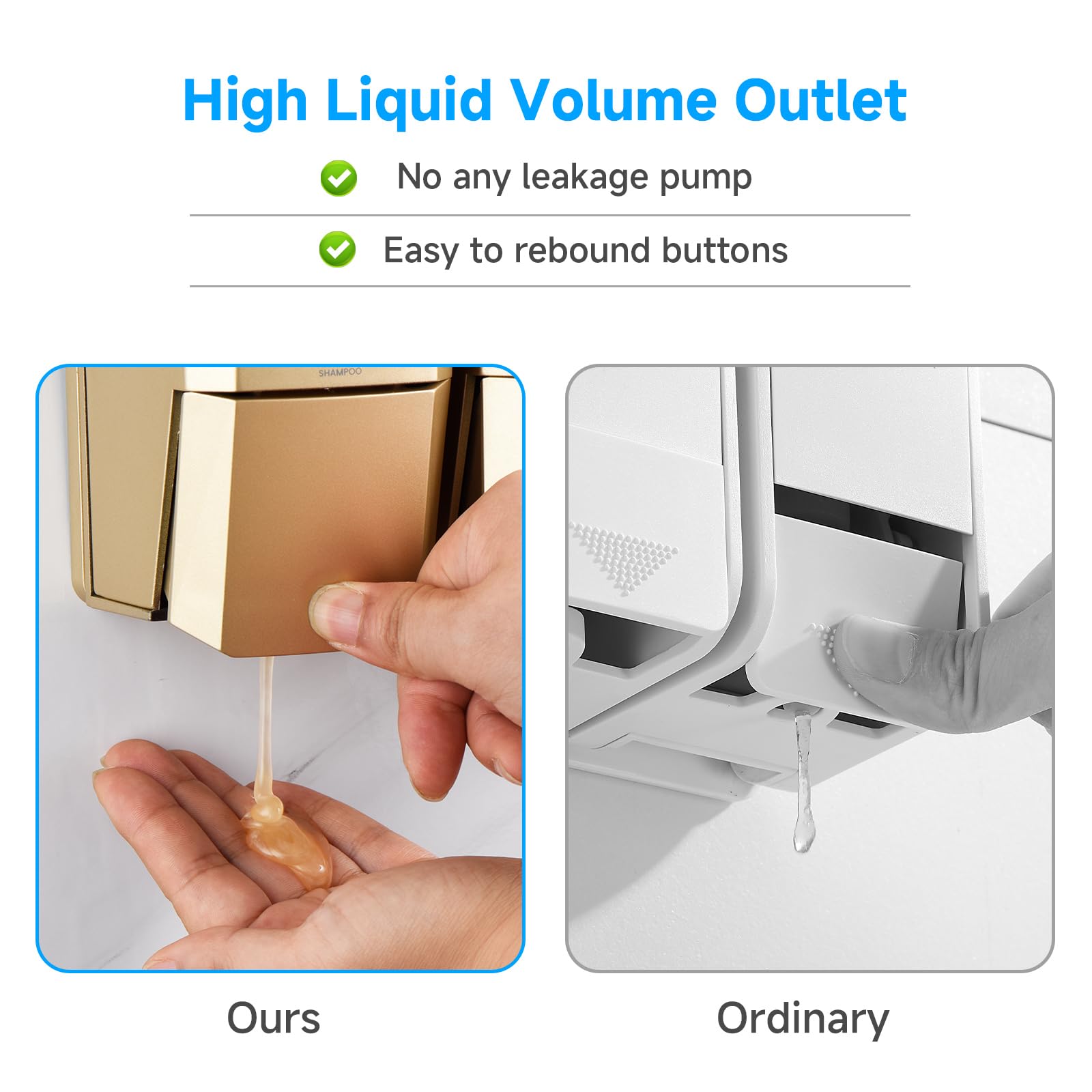 Dispenser per shampoo e balsamo, dispenser per doccia a 3 camere, senza trapano, dispenser per shampoo per doccia a parete per bagno hotel, grande capacità 3 x 500 ml, oro