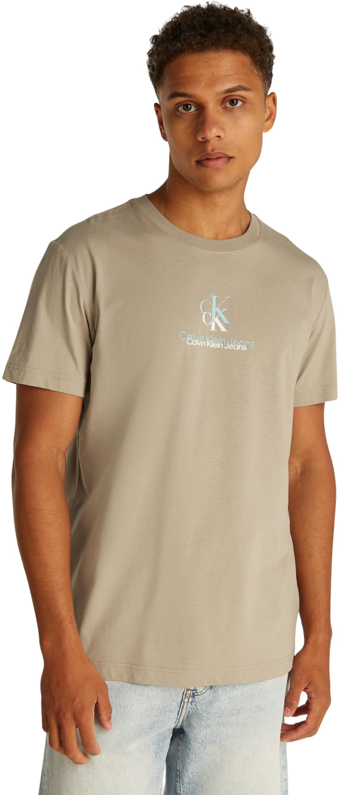 Calvin Klein Men’s Short Sleeve Shadow Logo Regular Fit T-Shirt, Beige (Aluminum), XXS