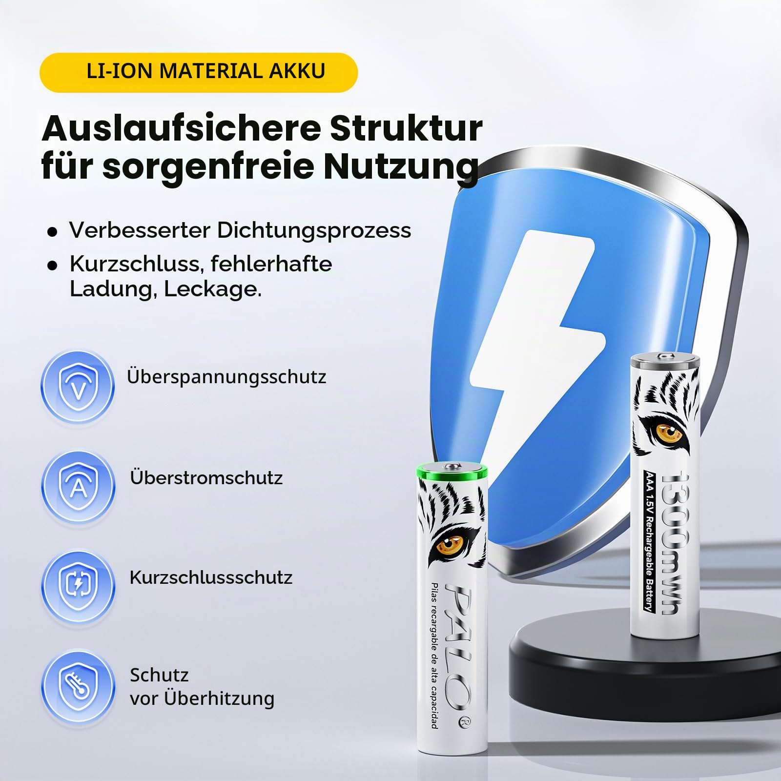 Lithium AAA Akku 1.5V 1300mWh, Tiger-Drucken & mit Ladelicht, 1500 Zyklus Geringe Selbstentladung AAA Batterien Wiederaufladbare, 16 Stück Akkus mit Batteriekasten