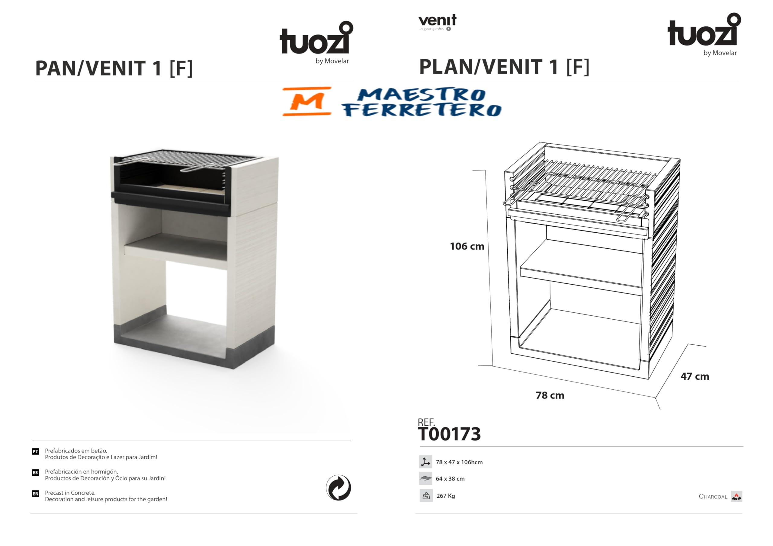 TUOZI - Einbaugrill für Holz und Holzkohle Modell VENIT FLEX (Grau/Weiß - 78 x 47 x 106 cm) REF: T00173 - Für den Außenbereich