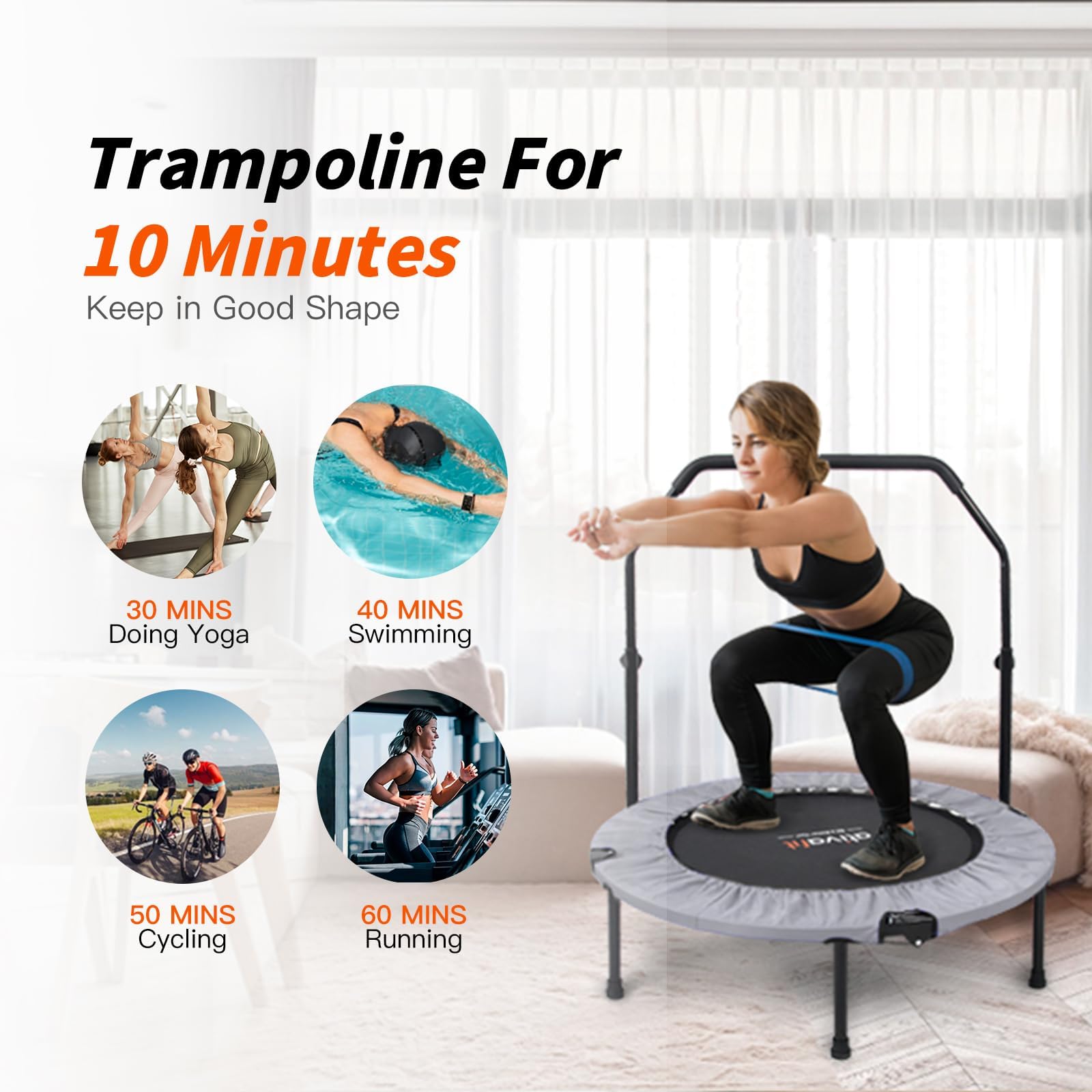 ATIVAFIT 102cm Faltbarer Trampolin mit verstellbarem Schaumstoffgriff Indoor für Erwachsene Ideal für Körperfitness-Training in Innenräumen Training Sport zuhause
