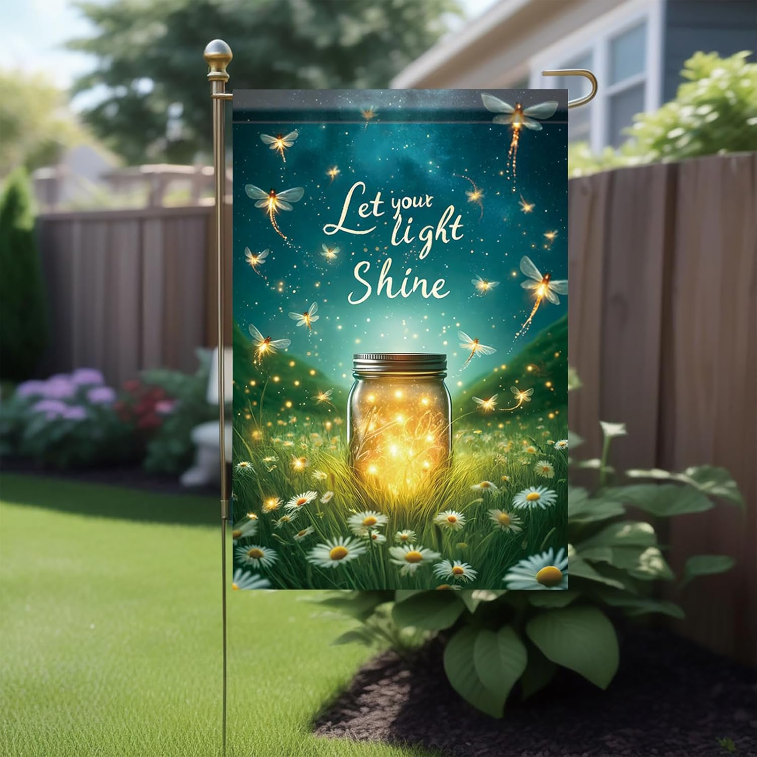 Spring Summer Garden Flags For Outside 12x18 Double Sided Glowing Firefly Mason Jar Rustic Daisy Floral Let Your Light Shine Welcome Yard Decor Outdoor Country Patio Lawn Banner Ornament