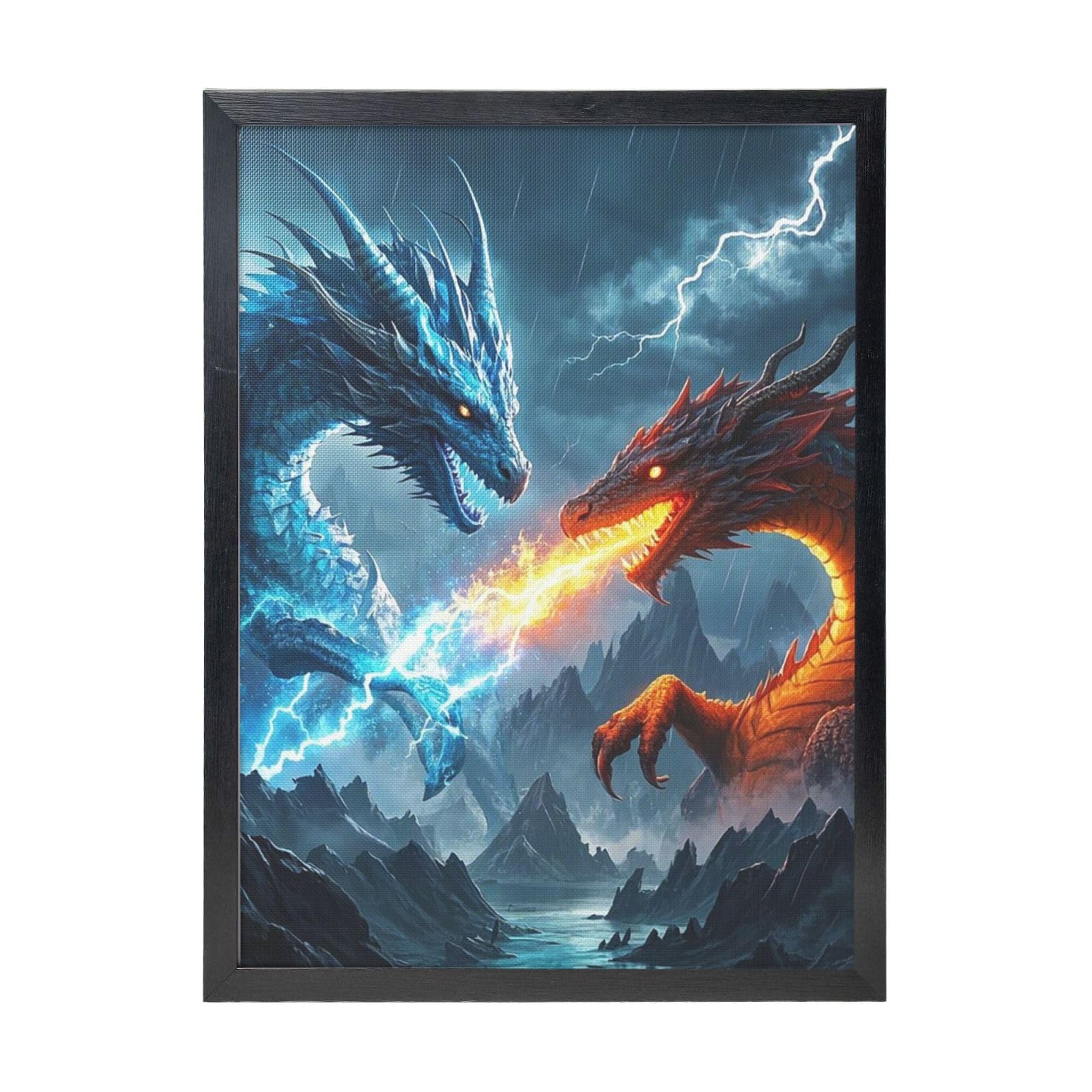 Framed Wall Art - Decorative Canvas Painting Ice Dragon and Fire Dragon Pictures Poster Aesthetic Modern Prints Artwork for Bedroom Office Wall Decor Ready To Hang 12x16 in