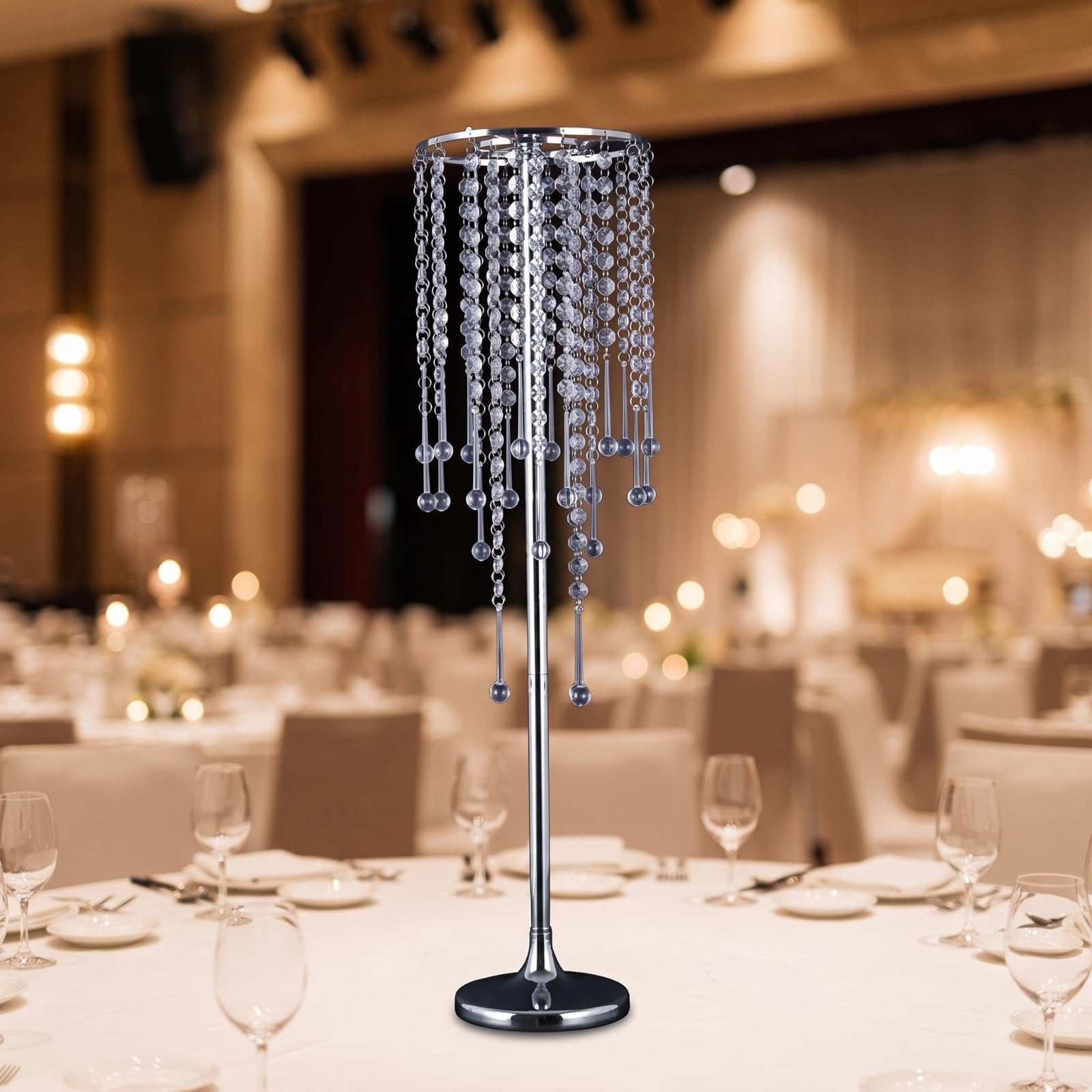 Soporte Decorativo de Boda Alta Centro de Mesa Jarrón Base Elevadora de Aleación con Brillo Espejado y Colgantes Adecuado para Bodas Formales, Plata, Diámetro 20 Cm X Altura 75 Cm
