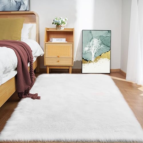 Miniatura 2 de Goolela Alfombra blanca esponjosa rectangular de piel de oveja sintética de 4 x 6 pies, para dormitorio, sala de estar, alfombra de felpa lavable