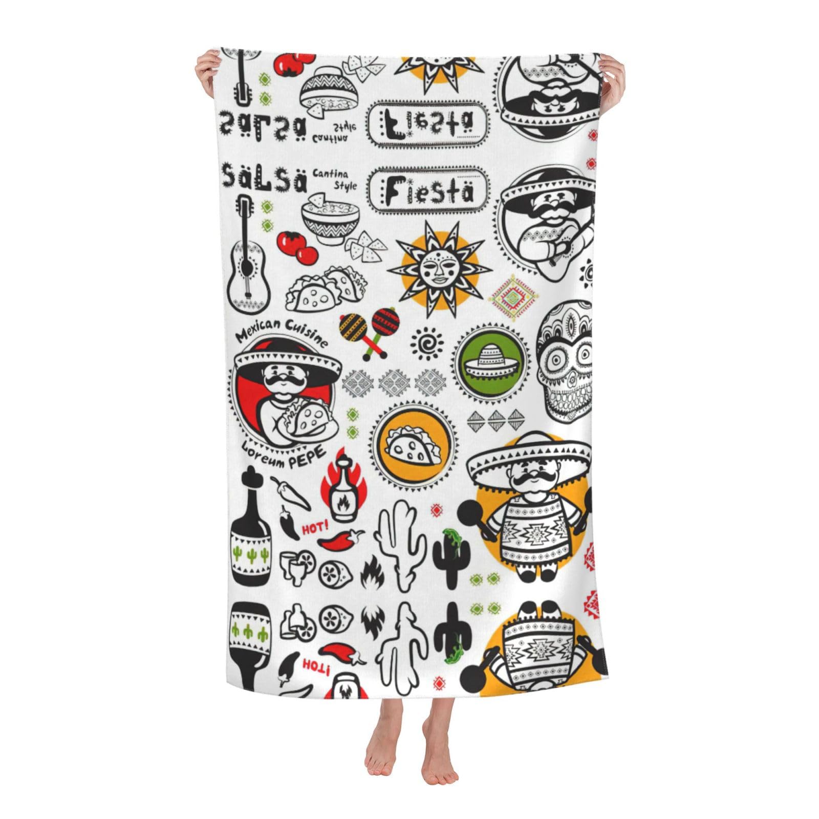 KPXXAQT Mexican Salsa Symbols Print Oversized Adult Beach Towel Quick-Dry Travel Swimming Camping Outdoor Adventures