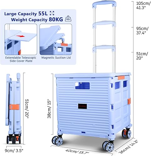 Miniatura 5 de Carrito plegable portátil plegable con ruedas, cesta de mano con tapa magnética, cubierta telescópica, resistente al desgaste, rueda giratoria de