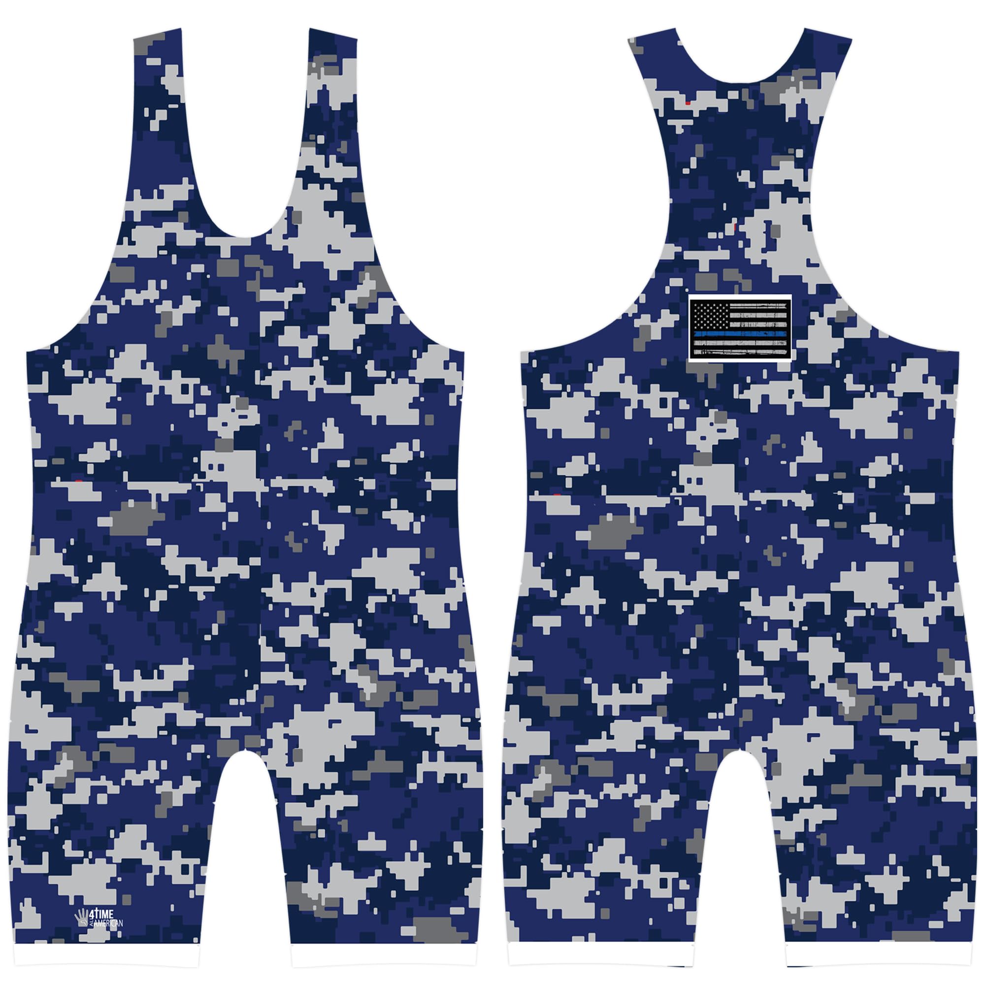 4 Time All American sublimated wrestling singlet, Camo Blue, L 156-190 lbs.