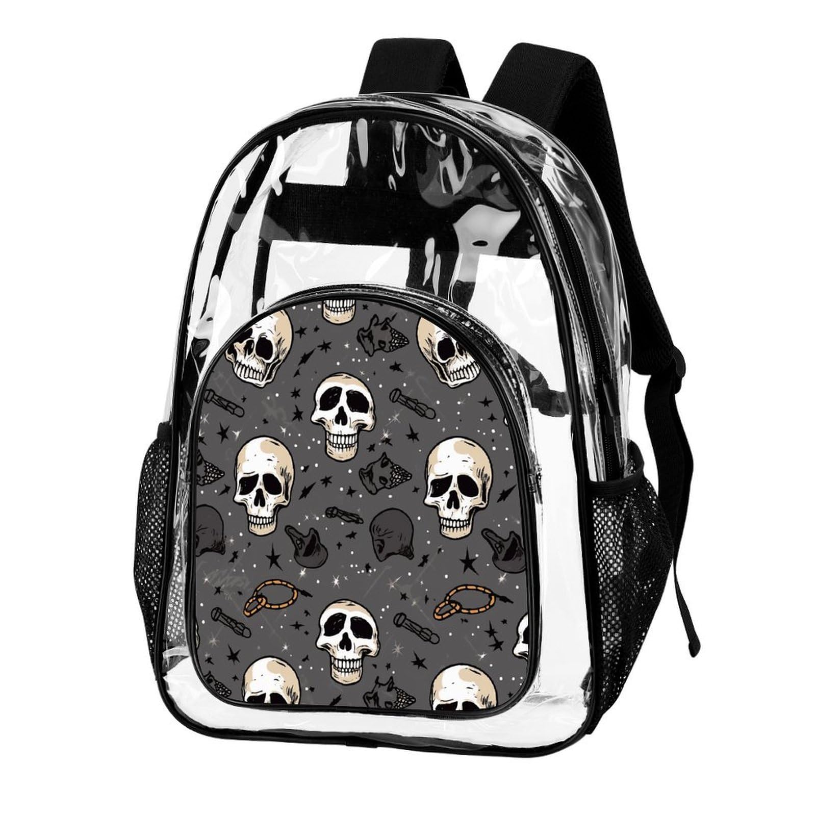 Transparenter Rucksack mit Totenkopf und Blitz, groß, transparent, PVC, Büchertasche für Sicherheit, Arbeit, Reisen, Stadion