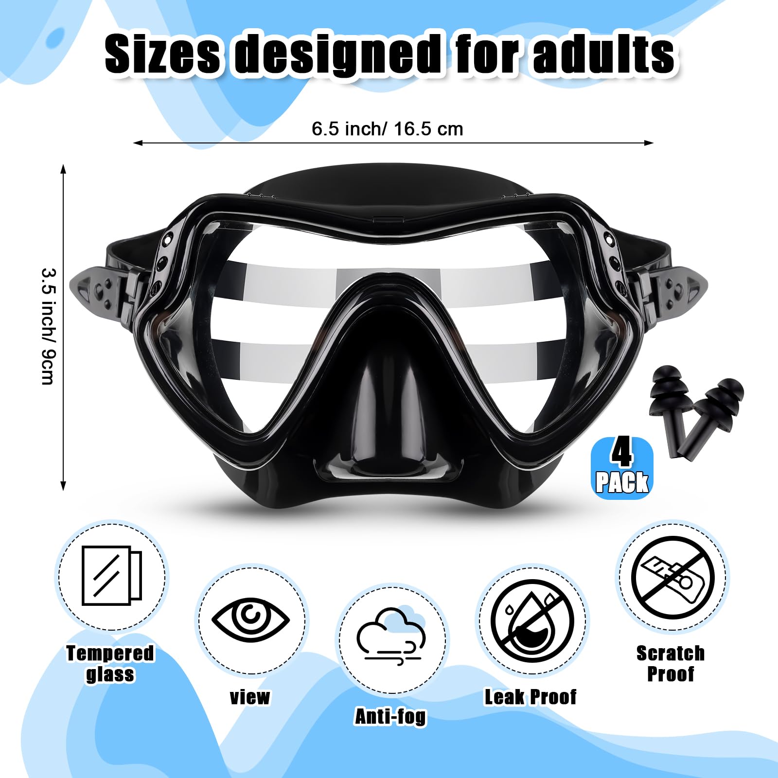 Tellegloww 4 Pcs Snorkeling Goggles for Adults Swimming Diving Mask with 4 Pair Earplugs Anti Fog Tempered Glass Diving Goggles Black Snorkel Mask with Nose Cover for Dive Swimming Pool Men Women