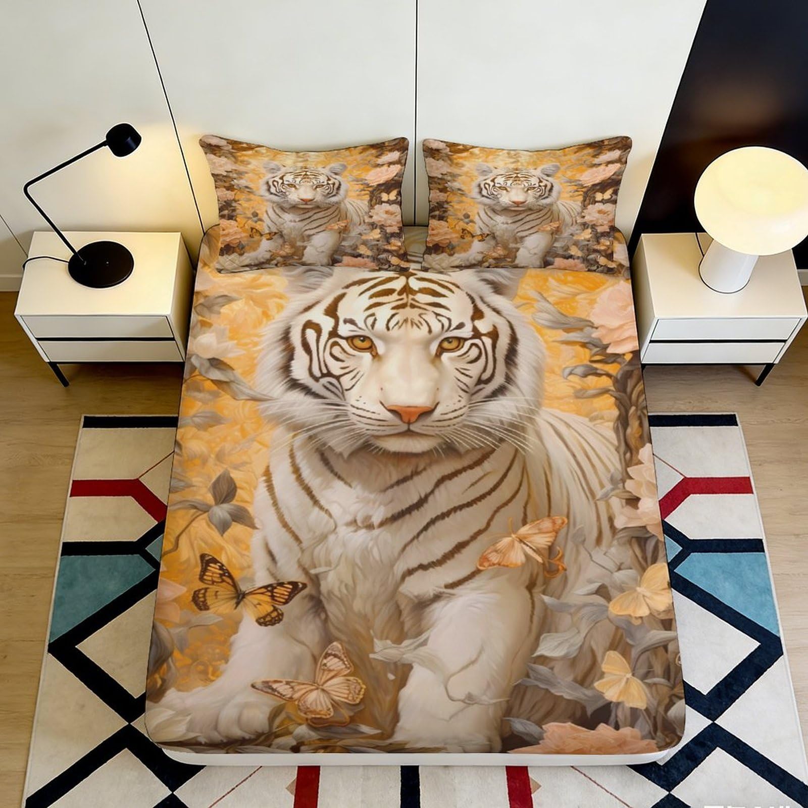 3D Printed White Tiger Fitted Sheet Microfiber Soft Floral Butterfly Mattress Cover for Bedroom Dorm Decor 120x200cm 120x200x25cm