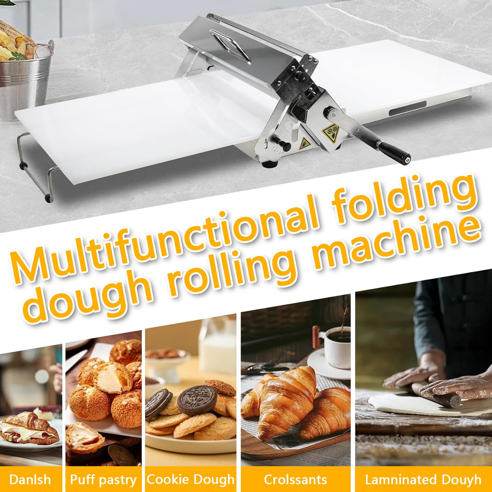 Sfogliatrice pieghevole manuale in acciaio inox con spessore regolabile, 89 x 40 cm, per panetteria, pizza, cornetti
