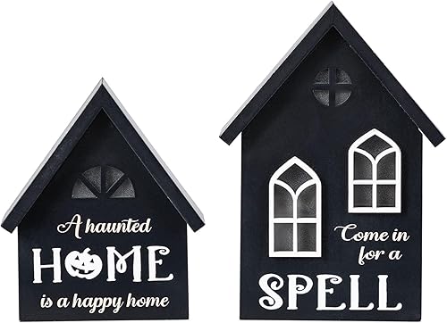 Miniatura 2 de Glitzhome Juego de 2 letreros de madera iluminados para Halloween, hechos a mano con luces cálidas, letrero decorativo blanco y negro para