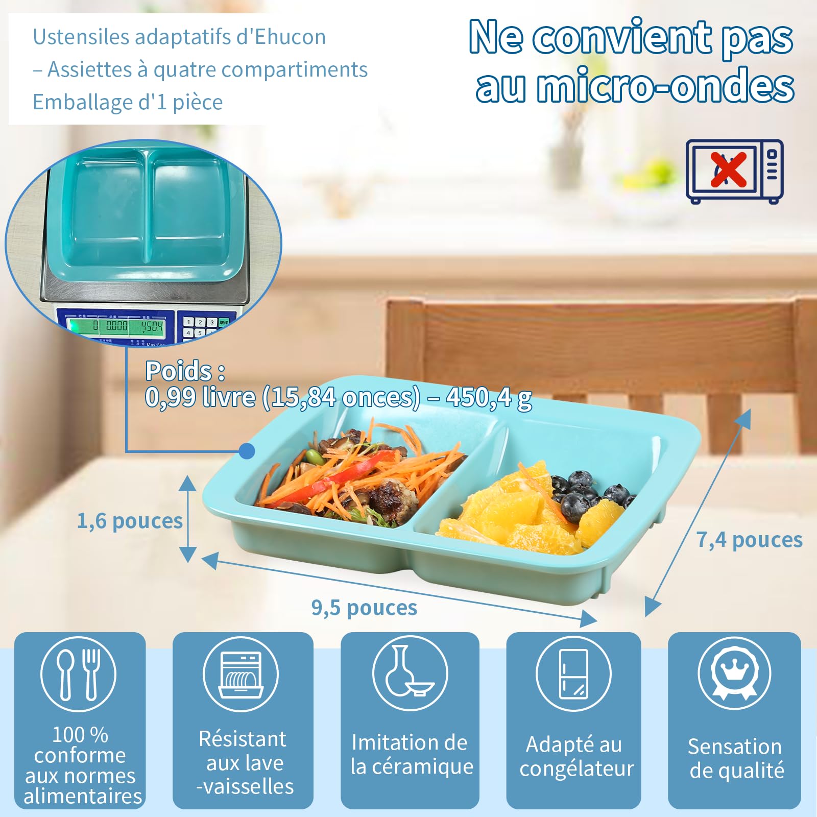 Platos Adaptables De Melamina Con Borde Inclinado Y Antideslizante Con Pared Elevada Para Personas Mayores, Discapacitados, Artríticas De Comer Solo (Cavidades Gemelas)