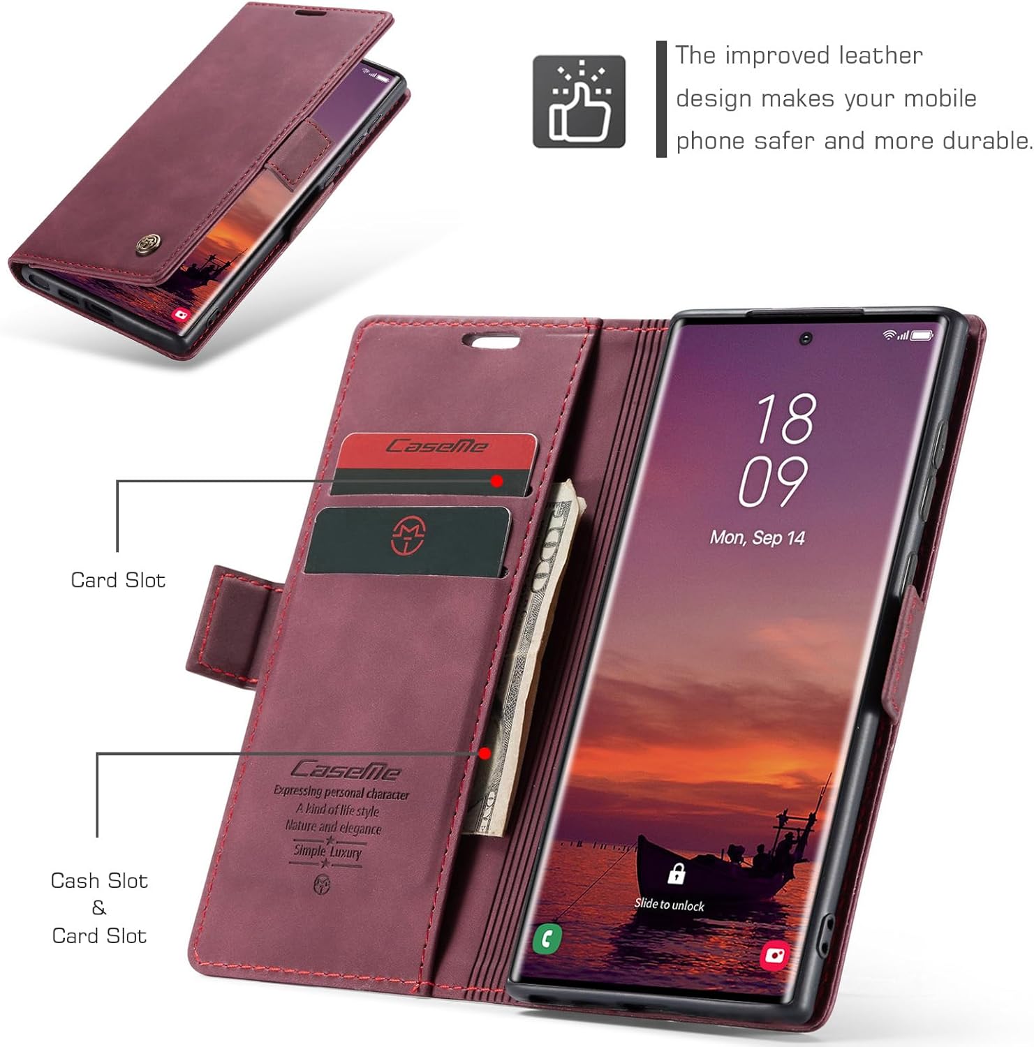 Kowauri for Samsung Galaxy S25 Ultra Case, Classic Design Leather Wallet Magnetic Closure Flip Case with Kickstand Card Holder Slot Shockproof Protective Cover for Samsung Galaxy S25 Ultra (Red) - Image 3