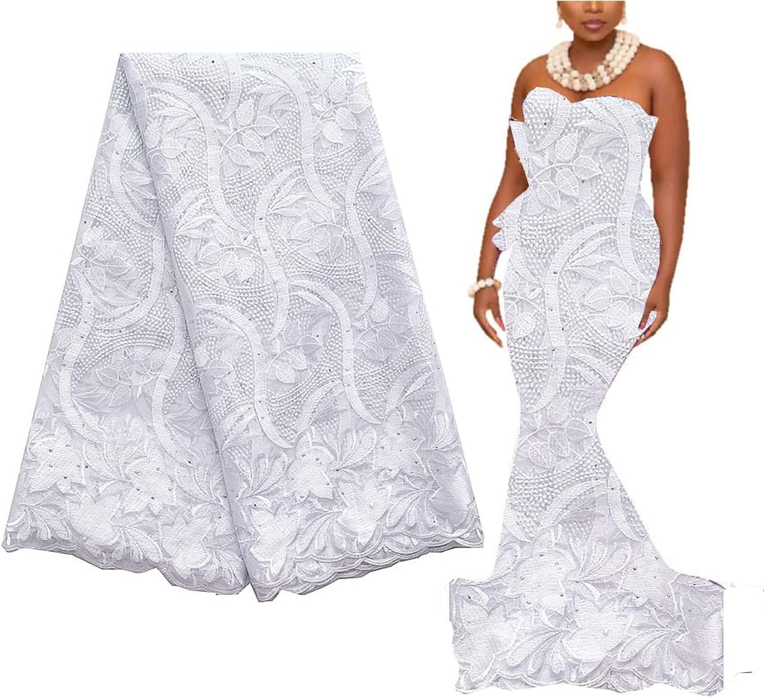 WorthSJLH Purple Lace Fabric 5 Yards Gold Net African Lace Fabric Materials Women Wedding French Nigerian Lace Fabric LF842(white)