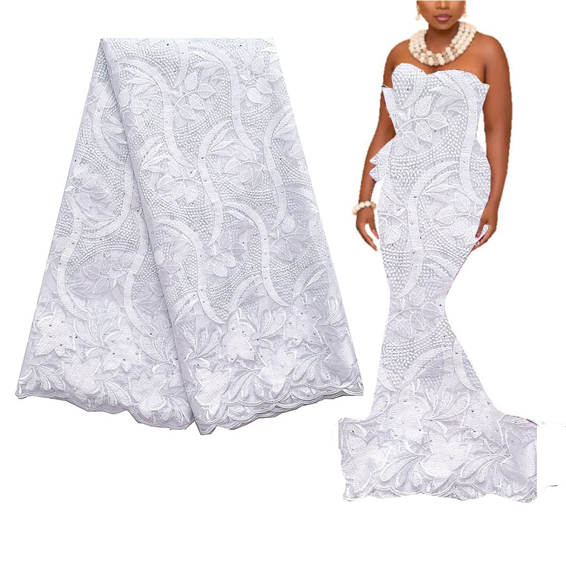 WorthSJLH Purple Lace Fabric 5 Yards Gold Net African Lace Fabric Materials Women Wedding French Nigerian Lace Fabric LF842(white)