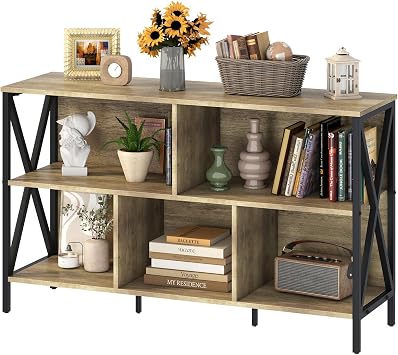 Adompacat 47" Low Horizontal Bookshelf, 5 Cube Wide Storage Organizer, Industrial Wood Metal Cubby Bookcase, Rustic Oak Farmhouse Open Shelf for Bedroom Living Room Home Office47 in, Oak