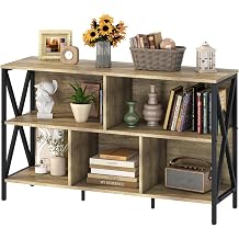 Adompacat 47" Low Horizontal Bookshelf, 5 Cube Wide Storage Organizer, Industrial Wood Metal Cubby Bookcase, Rustic Oak Farmhouse Open Shelf for Bedroom Living Room Home Office47 in, Oak