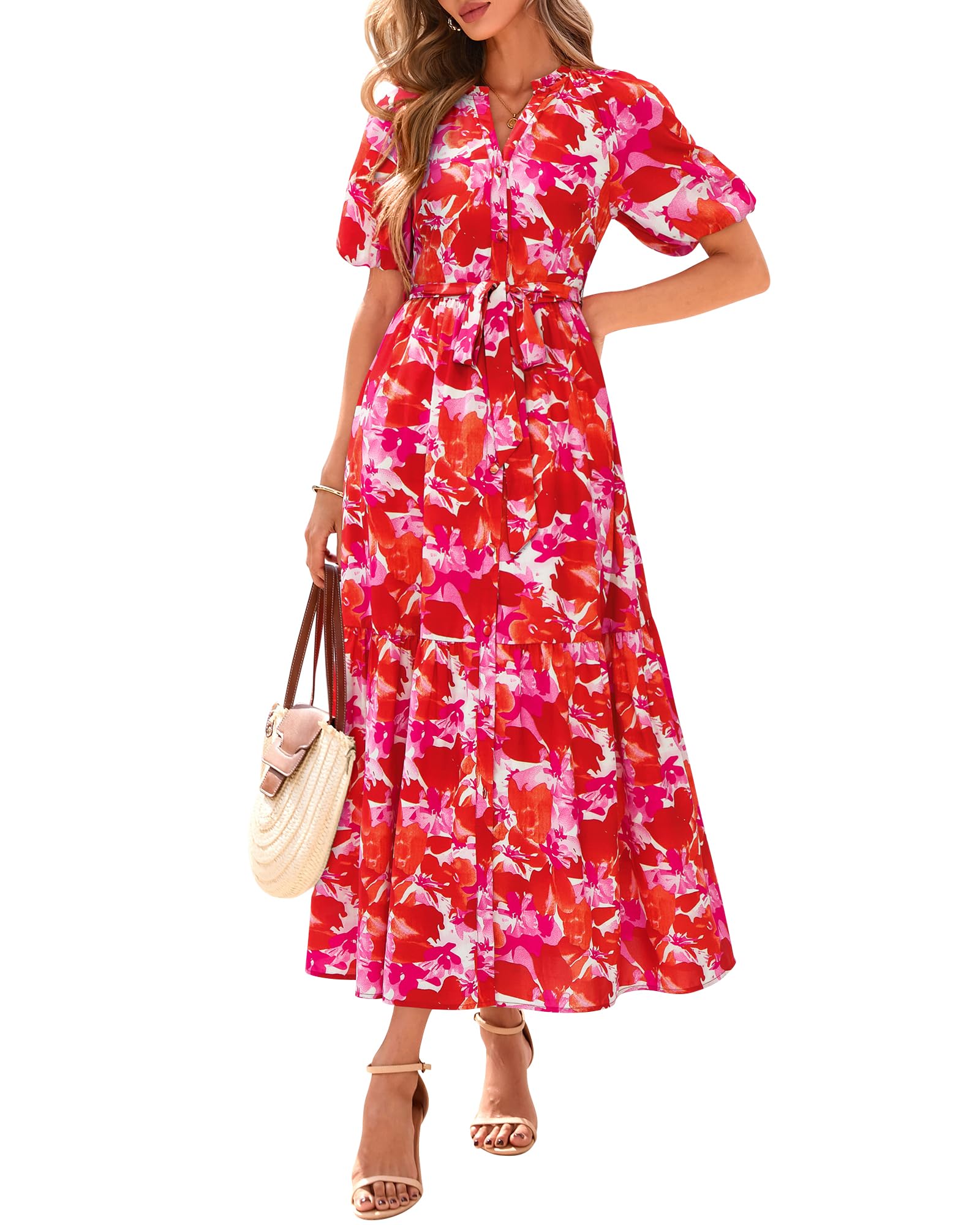BTFBM Summer Dresses for Women 2026 Boho Short Sleeve V Neck Button Belt Flowy Spring Clothes Beach Vacation Maxi Dress