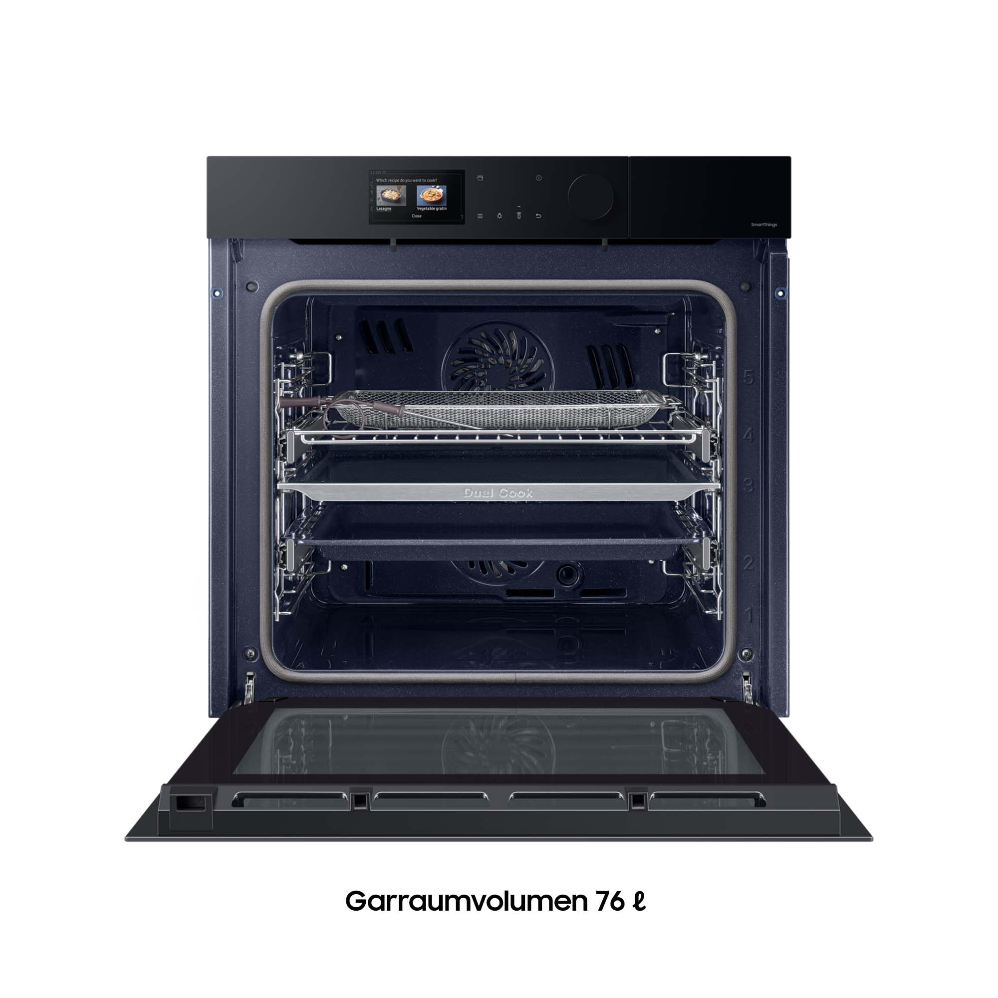 Samsung NV7B7997ADK/U1 Dual Cook Einbaubackofen, Dampfgaren mit 700-ml-Wassertank, 76 l, Pyrolytische Selbstreinigung, Automatische Türöffnung, Kamera, SmartThings Cooking, Air Fry, Schwarzes Glas