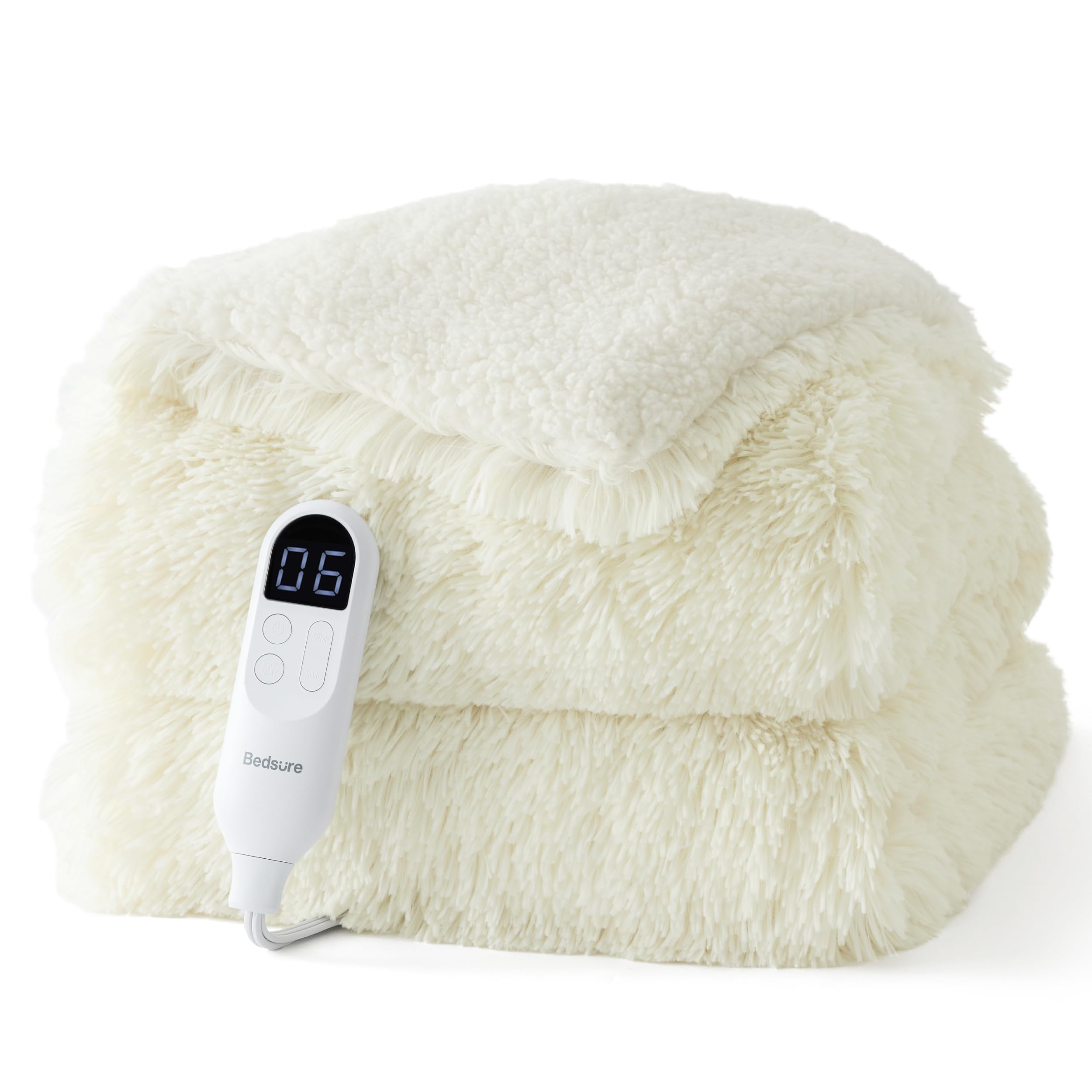Bedsure Faux Fur Heated Blanket Throw, Long-Pile Electric Blanket, Cream
