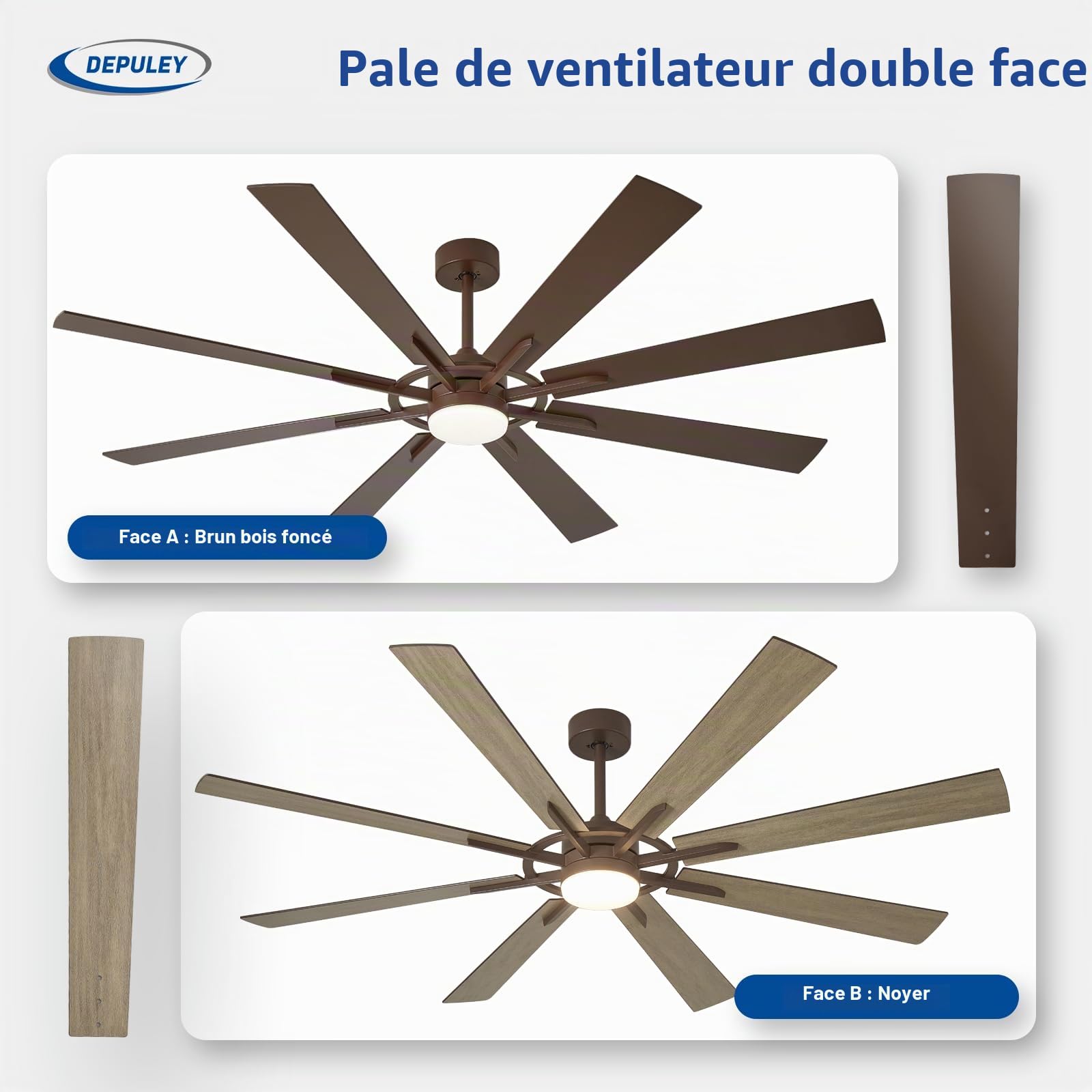 Depuley Grands ventilateurs de plafond avec éclairage: Ventilateur de plafond d'extérieur de 72 pouces à 8 pales avec télécommande - Grand ventilateur marron avec éclairage