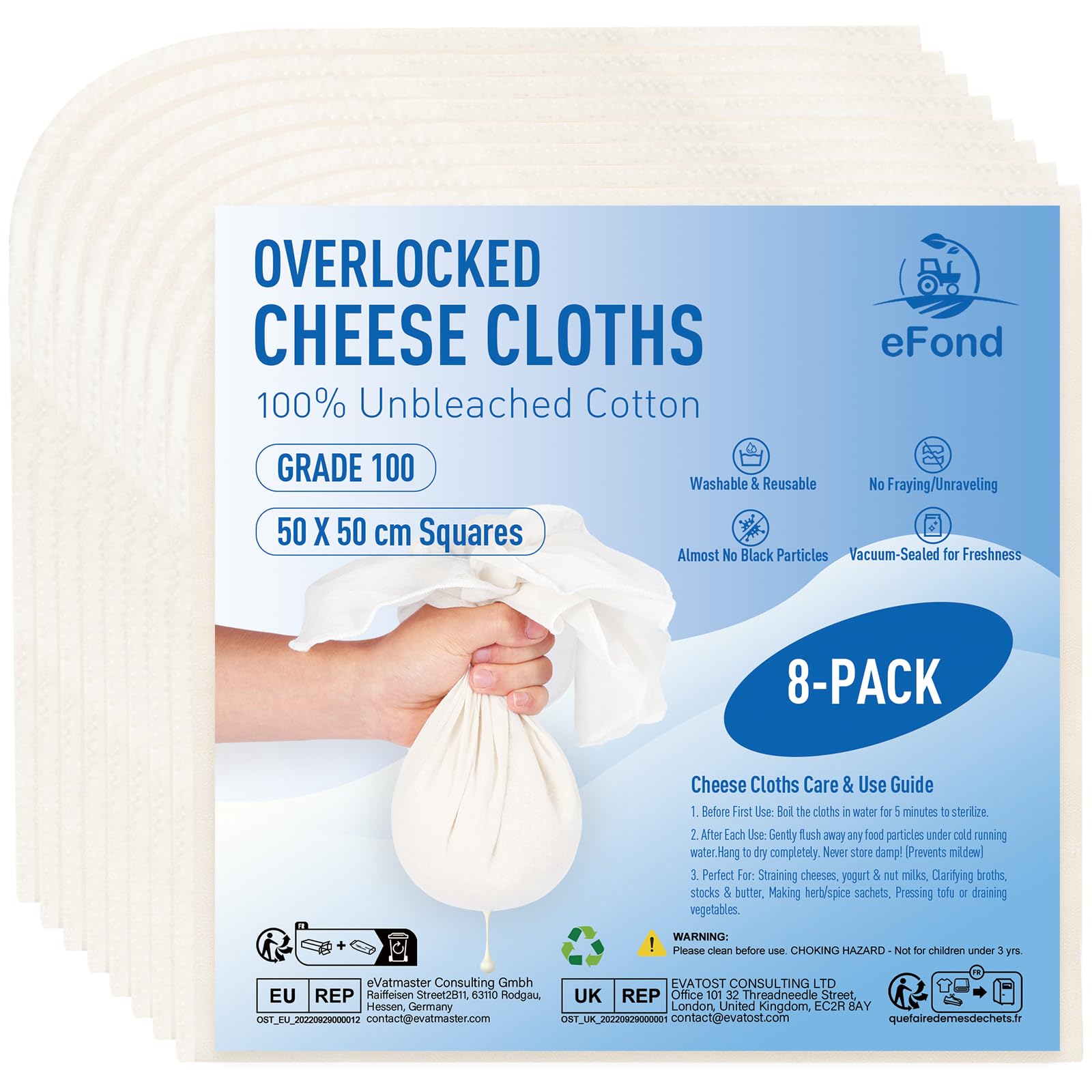 eFond Cheesecloth, 50x50cm Squares with Overlocked Edges, Grade 100 Ultra Fine Mesh Cheese Cloths for Straining Butter, Nut Milk, Yogurt, Reusable Muslin Cloths for Cooking, Roasting Turkey (8-Pack)