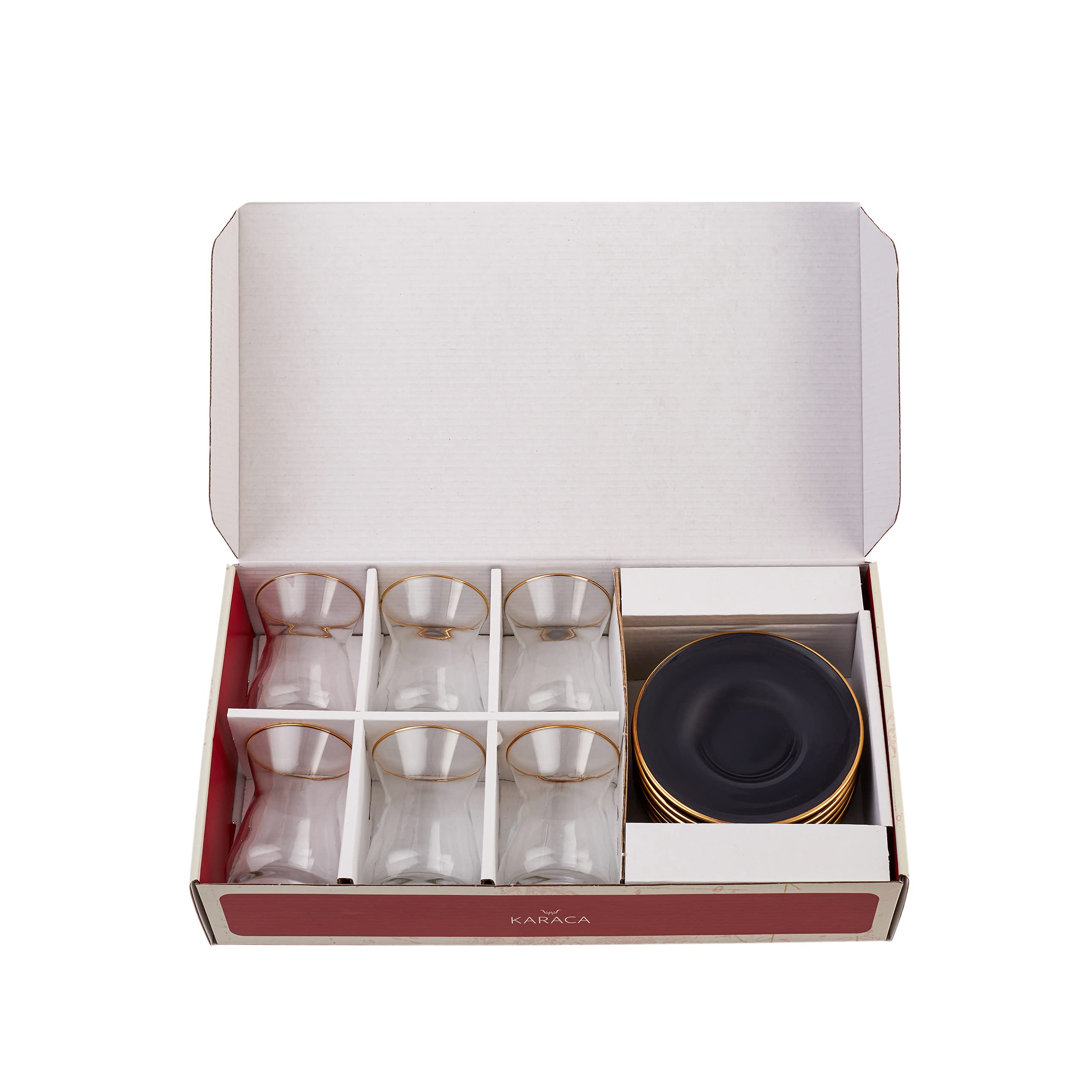 KARACA Juego de té retro antracita para 6 personas, vasos de té turco con platillos, 12 piezas, detalles de calcomanía dorada